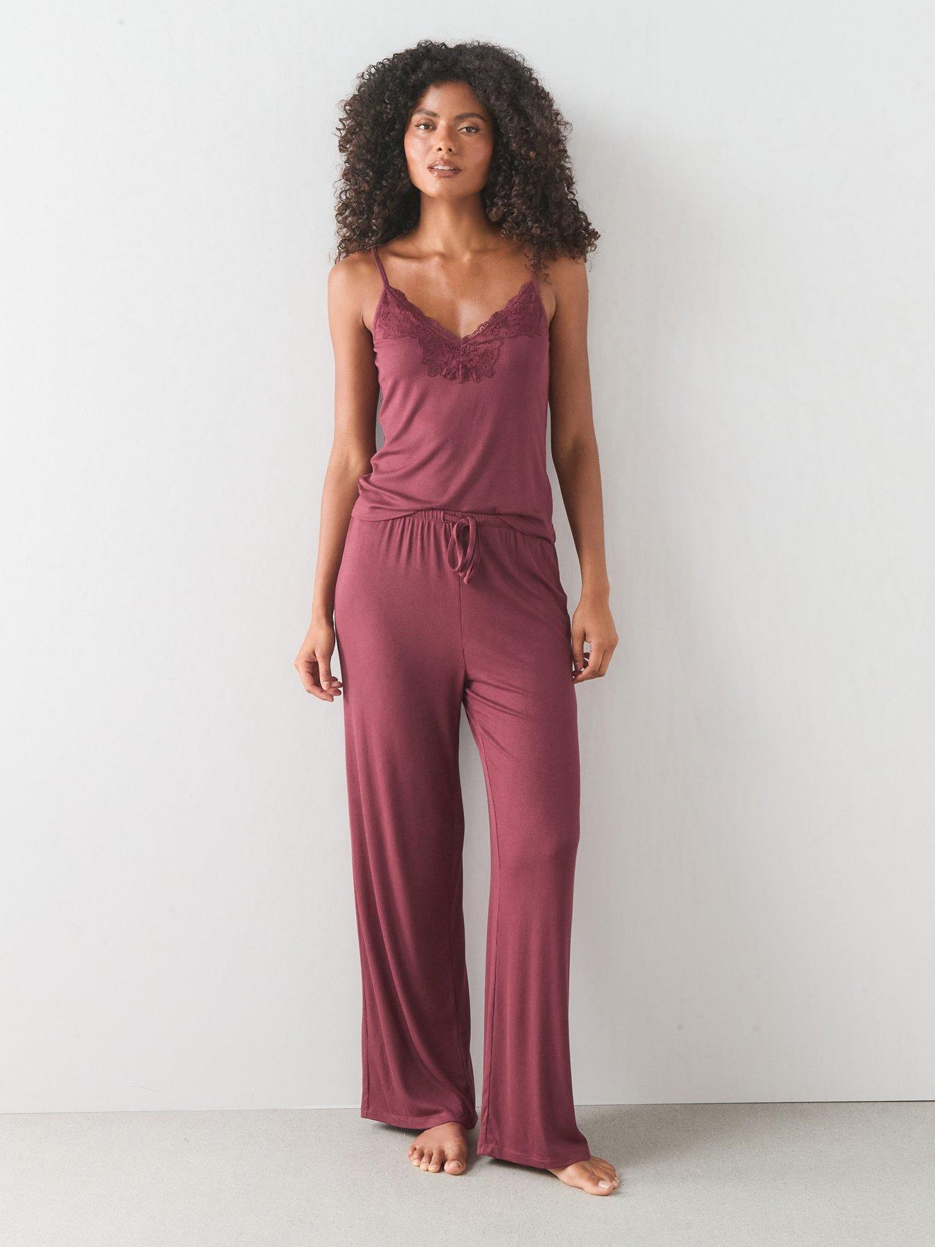 The Very Collection Lace Trim Cami And Wide Leg Pyjama Set - Burgundy