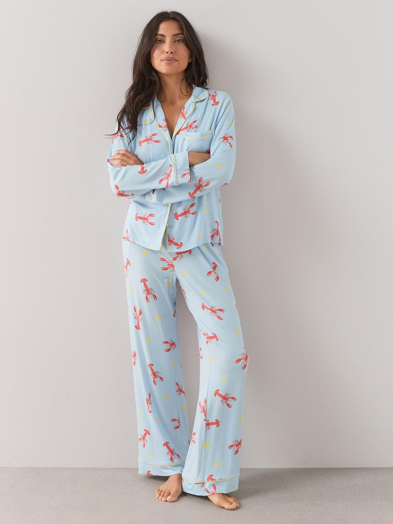 Image 1 of 7 of The Very Collection Lobster Long Sleeve Jersey Revere Pyjama Set - Blue