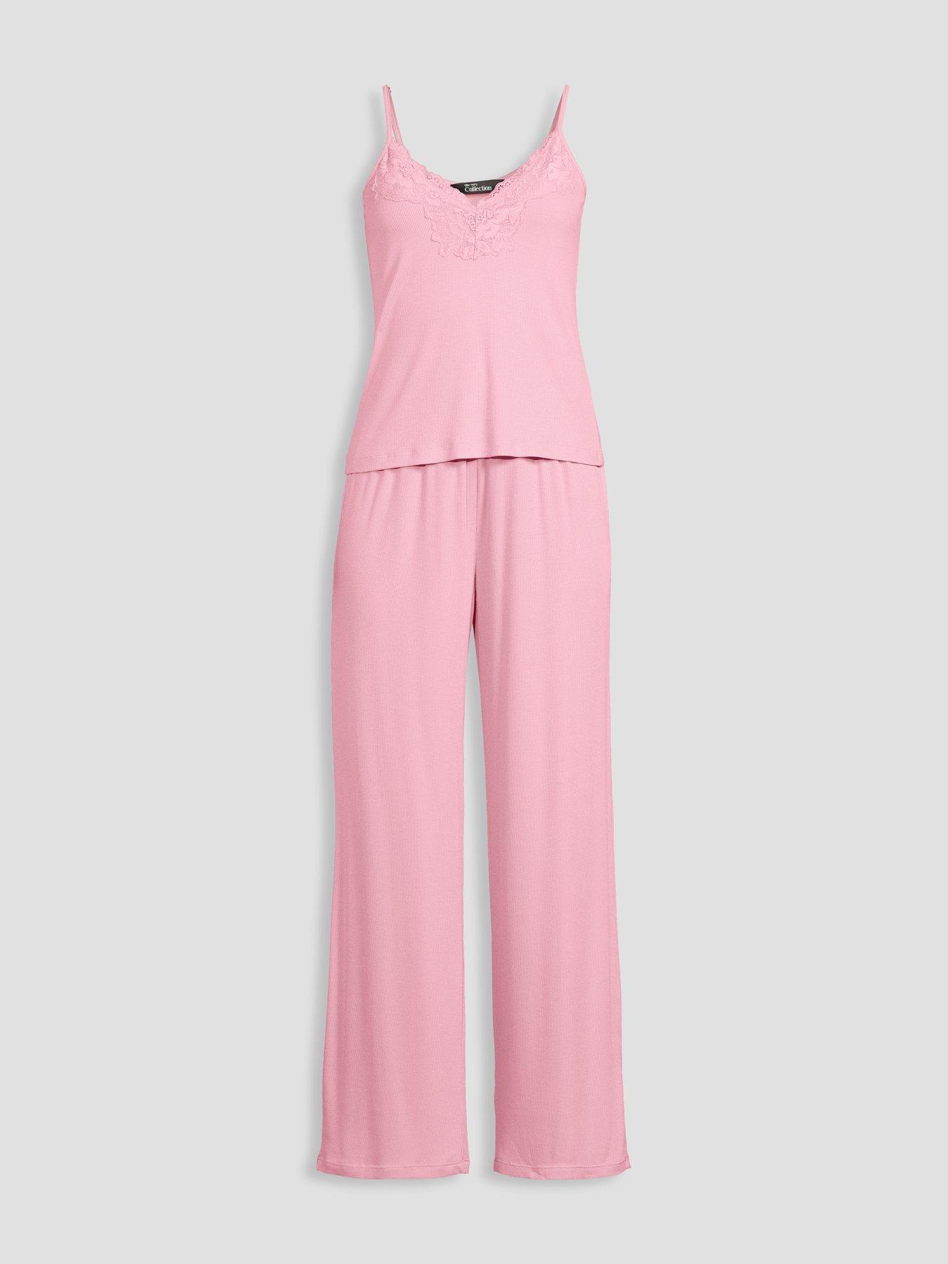 Image 7 of 7 of The Very Collection Lace Trim Cami And Wide Leg Pyjama Set - Pink