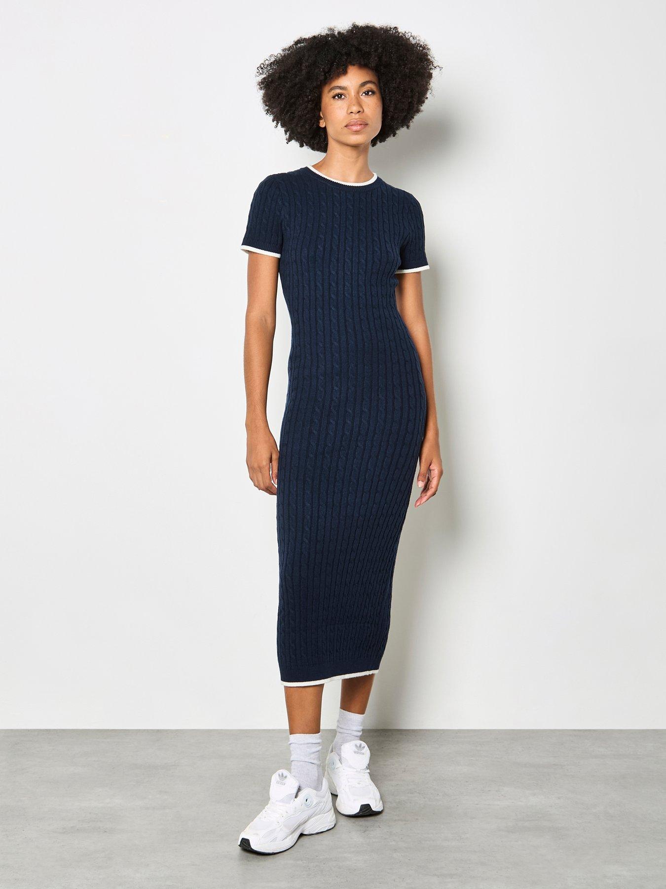 Apricot Cable Knit Contrast Edg Midi Drs