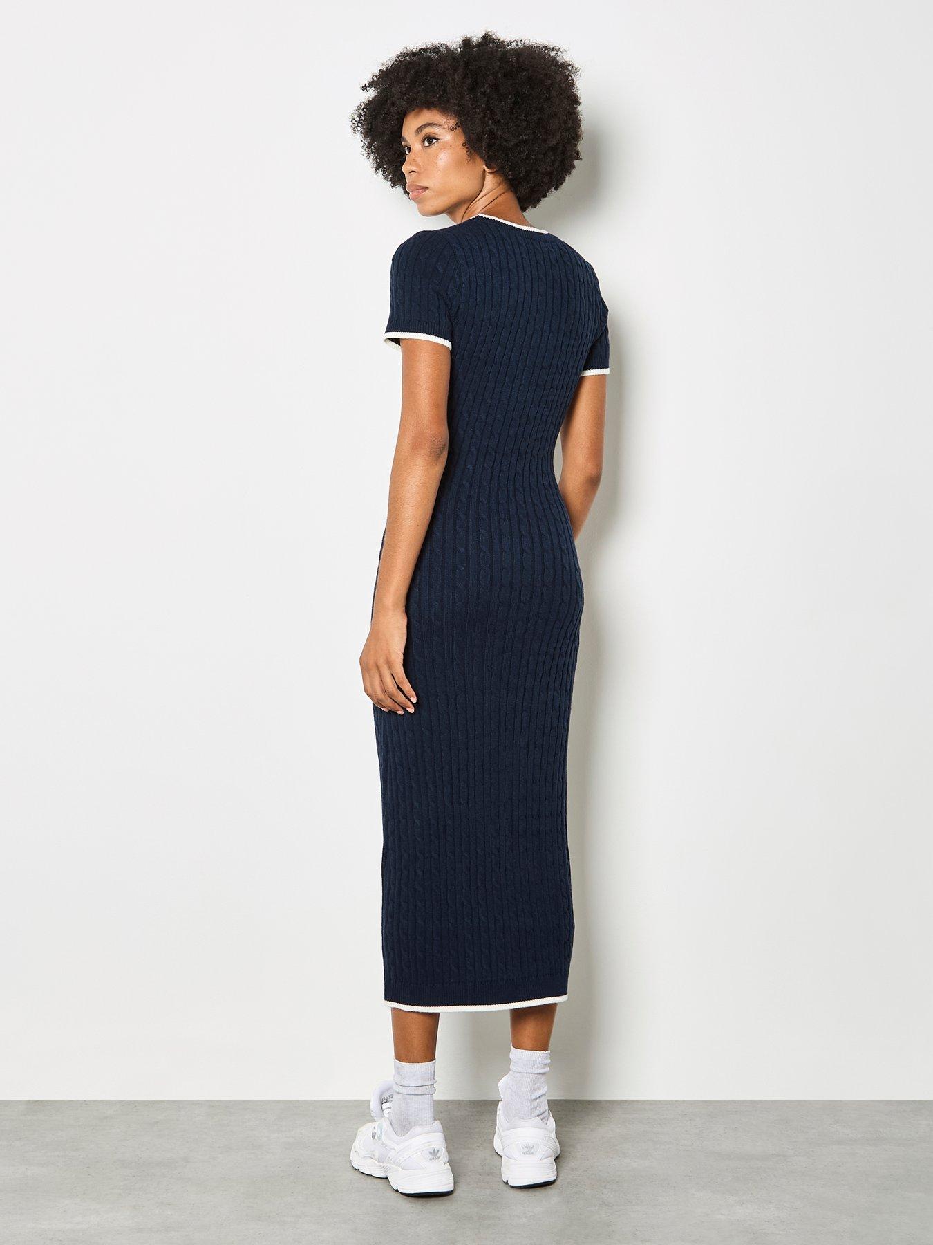  image of apricot-cable-knit-contrast-trim-midi-dress-blue