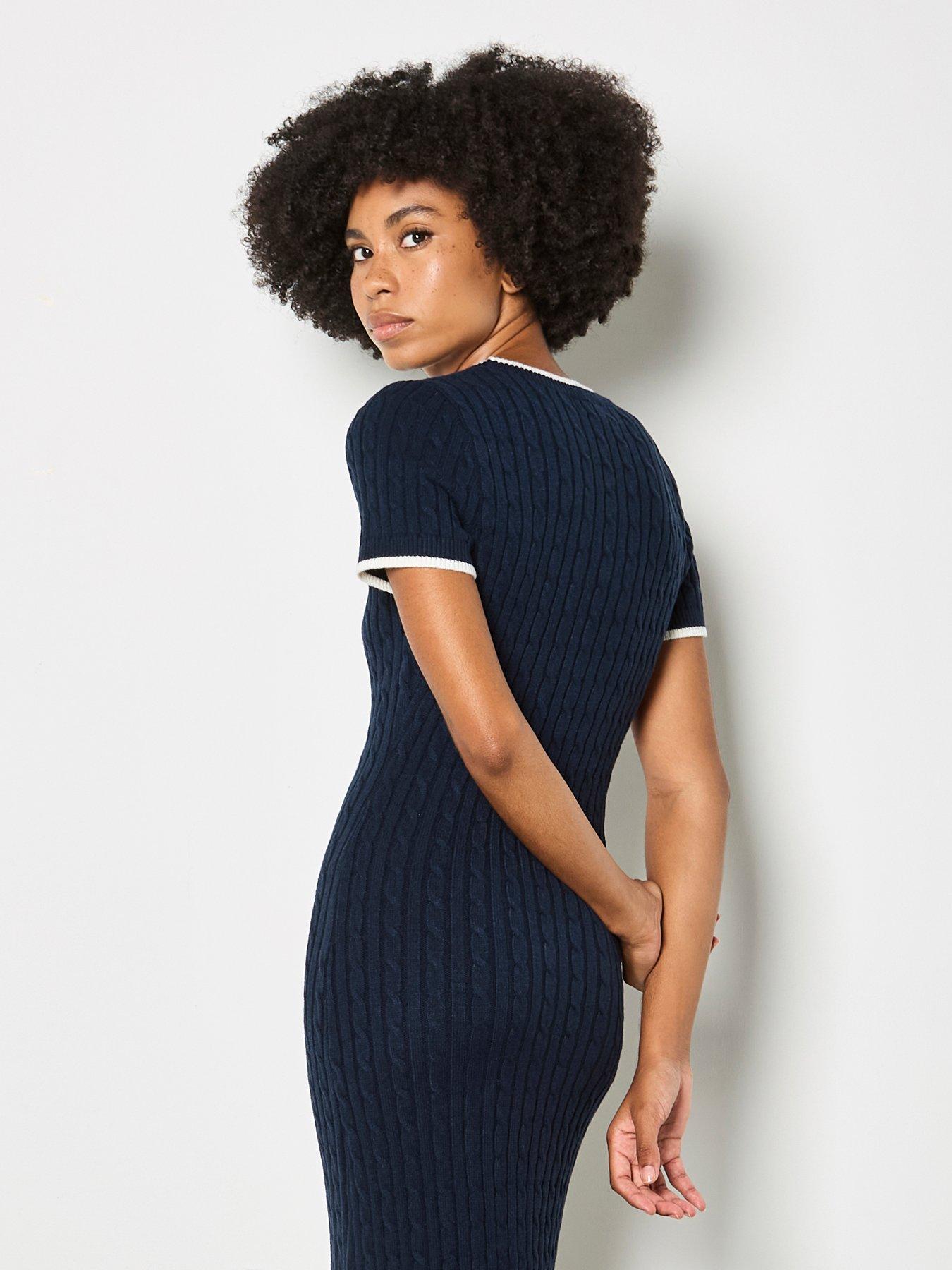  image of apricot-cable-knit-contrast-trim-midi-dress-blue