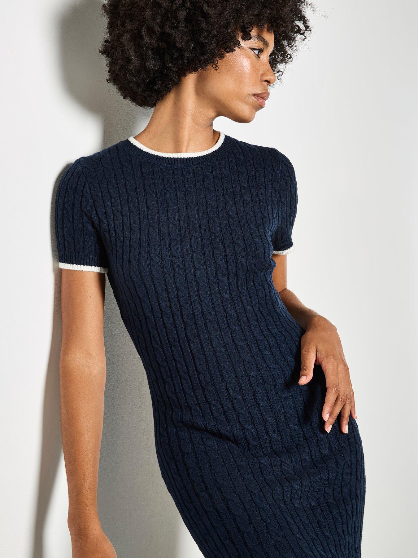  image of apricot-cable-knit-contrast-trim-midi-dress-blue