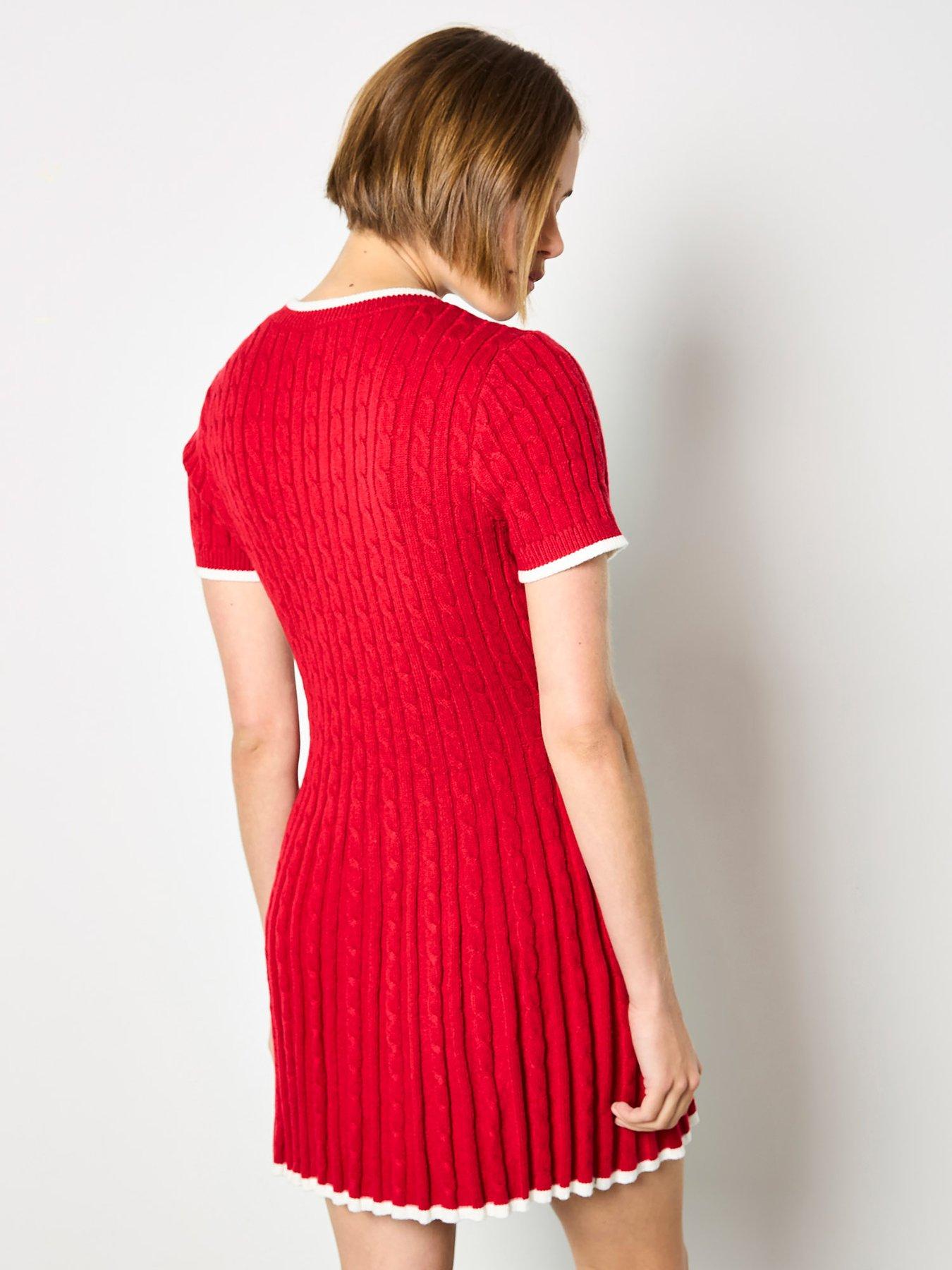 Image 2 of 4 of Apricot Cable Knit Contrast Edge Fit and Flare Dress - Red
