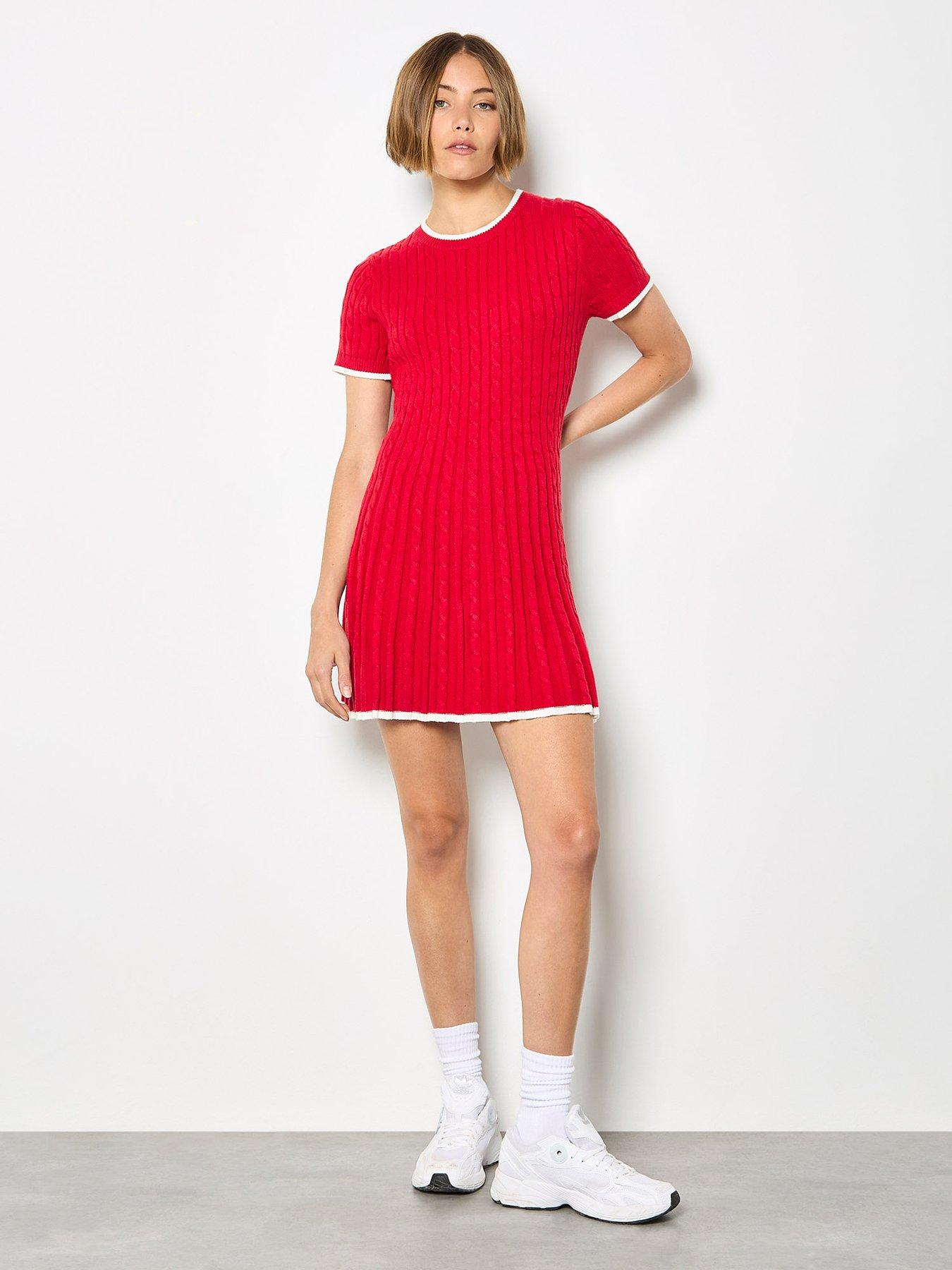 Image 3 of 4 of Apricot Cable Knit Contrast Edge Fit and Flare Dress - Red