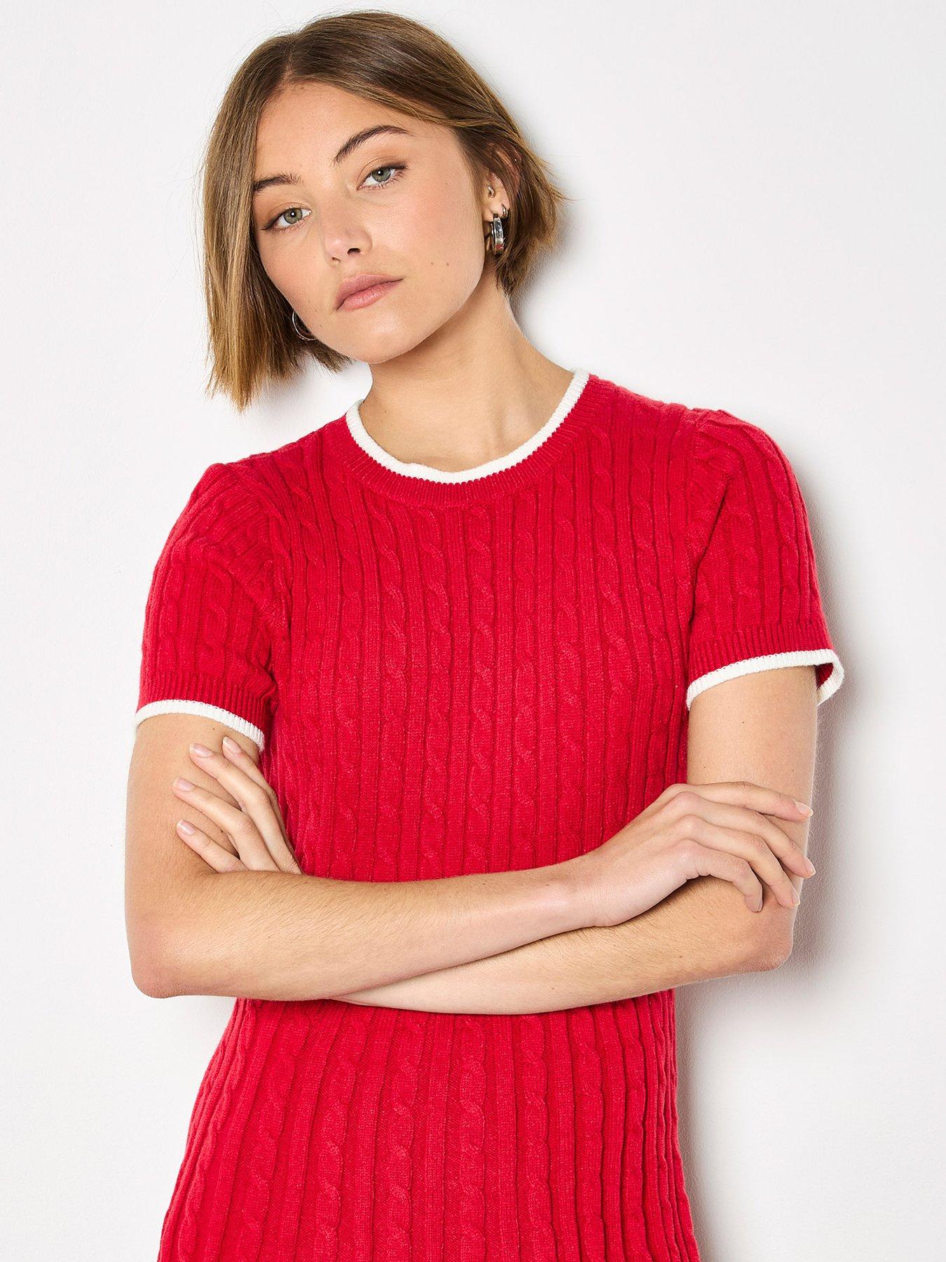 Image 4 of 4 of Apricot Cable Knit Contrast Edge Fit and Flare Dress - Red