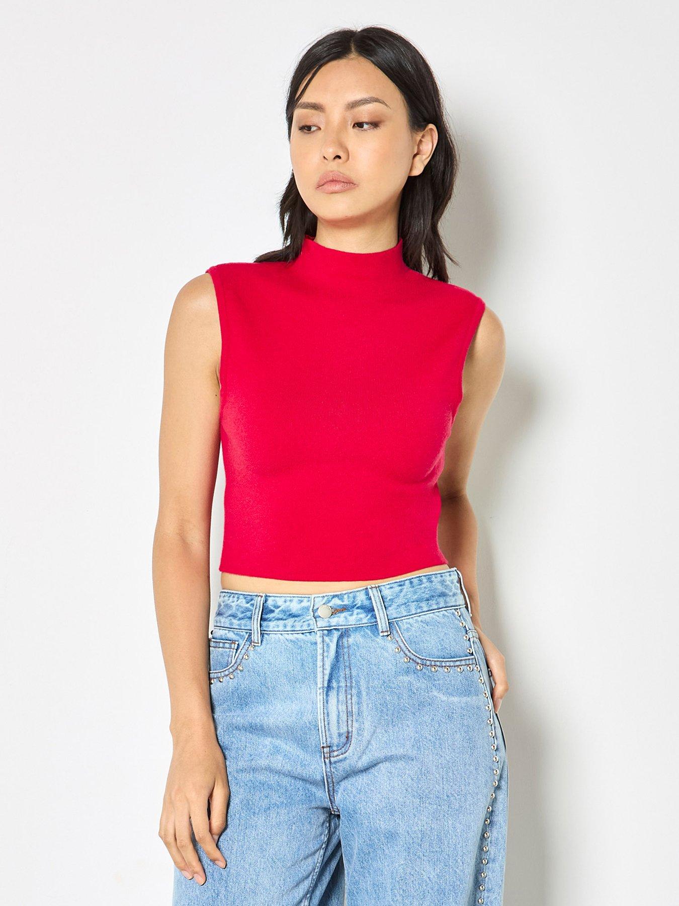 Image 1 of 4 of Apricot High Neck Knitted Crop Top - Red
