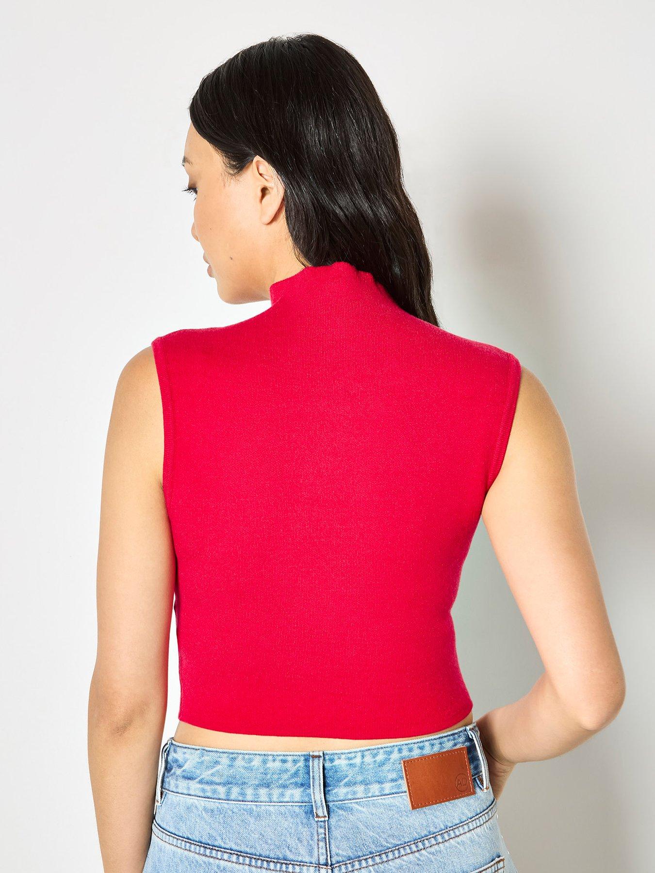 Image 2 of 4 of Apricot High Neck Knitted Crop Top - Red