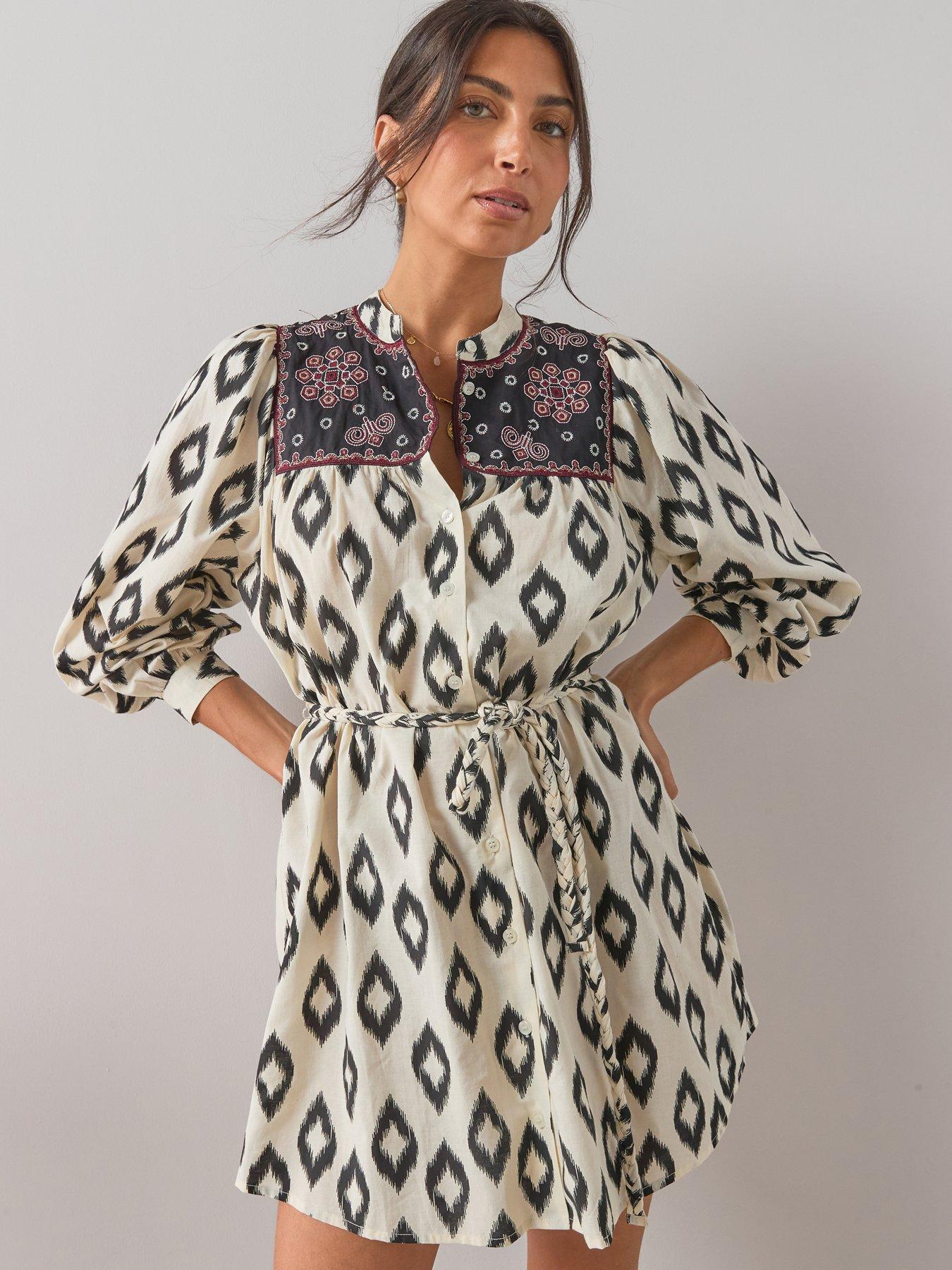 The Very Collection Printed Belted Shirt Mini Dress - Cream