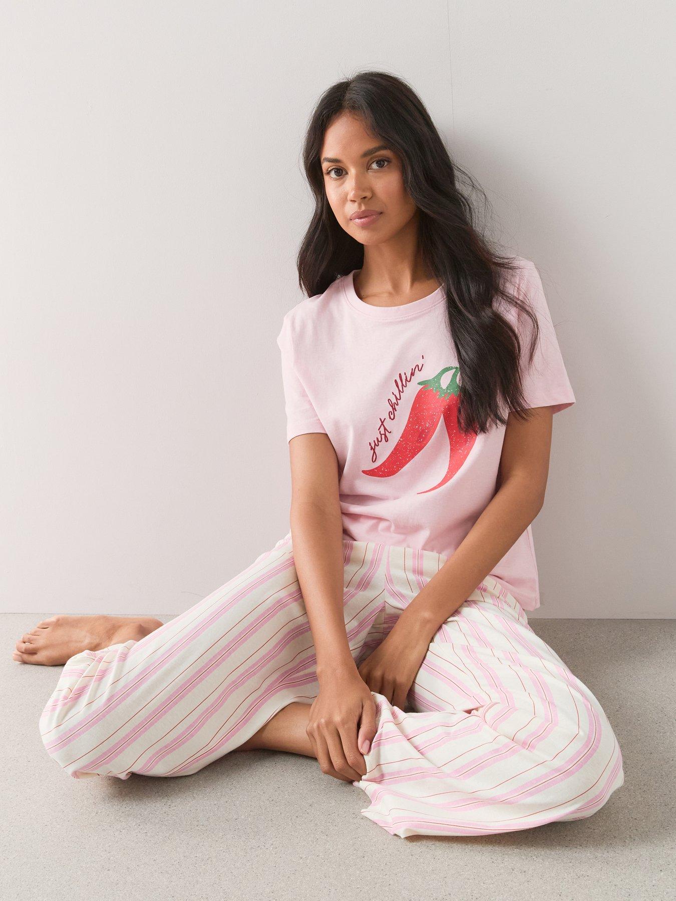 The Very Collection Short Sleeve Chilli Print T-Shirt And Stripe Bottoms Pyjama Set - Pink
