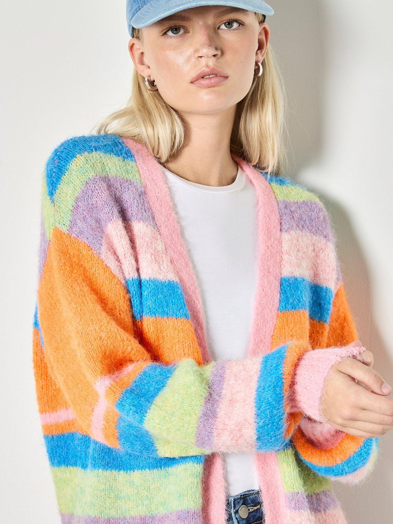  image of apricot-knitted-stripe-cardigan-multi