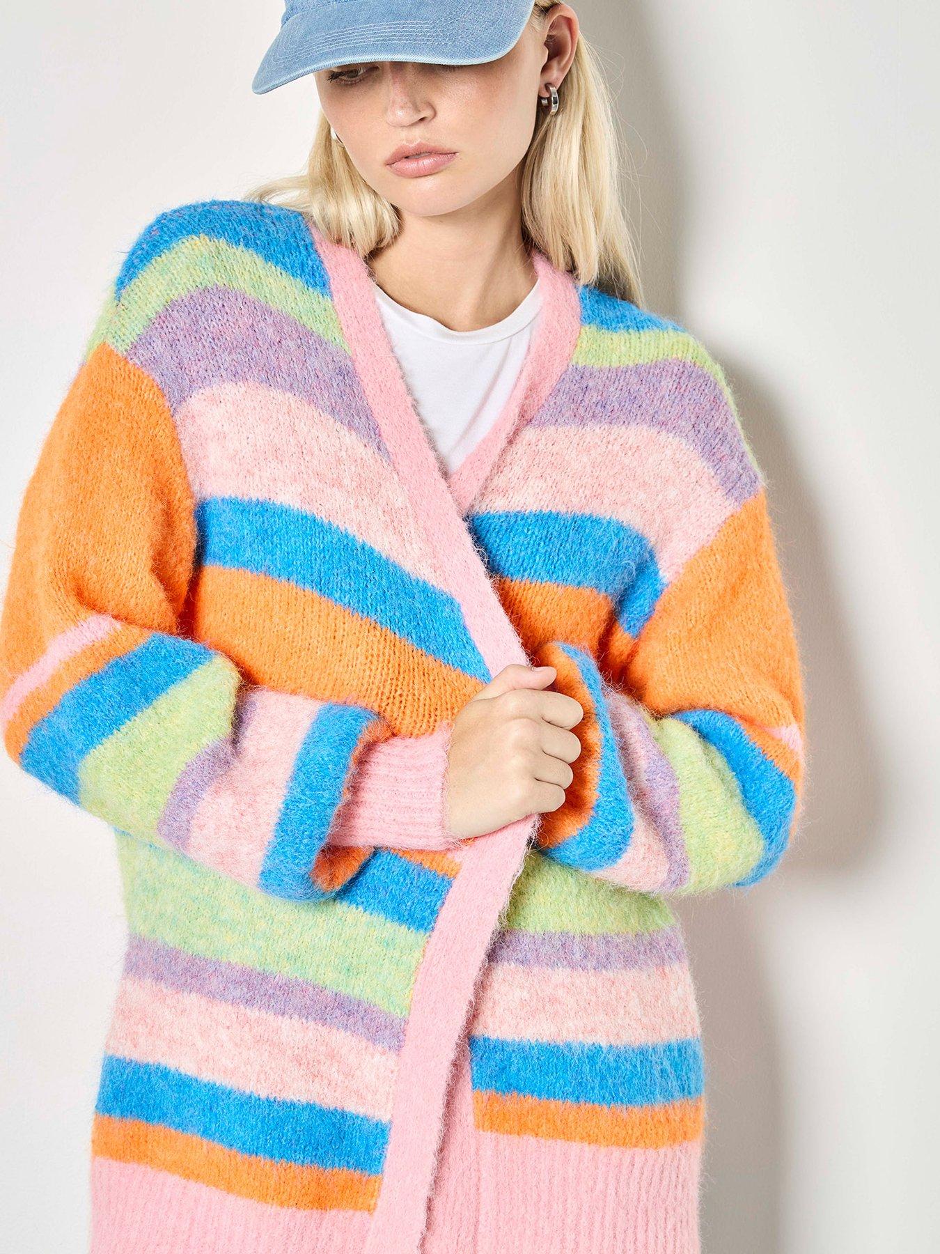  image of apricot-knitted-stripe-cardigan-multi