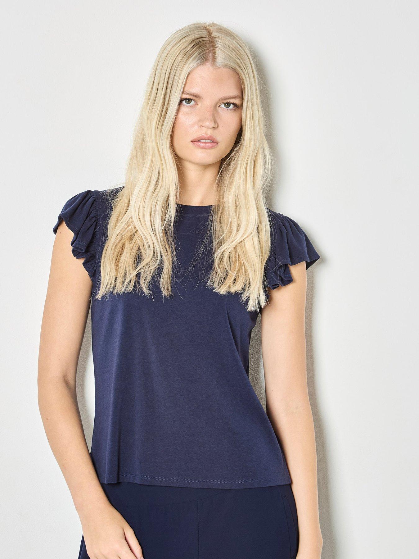 Apricot Fine Rib Ruffle T-Shirt - Blue