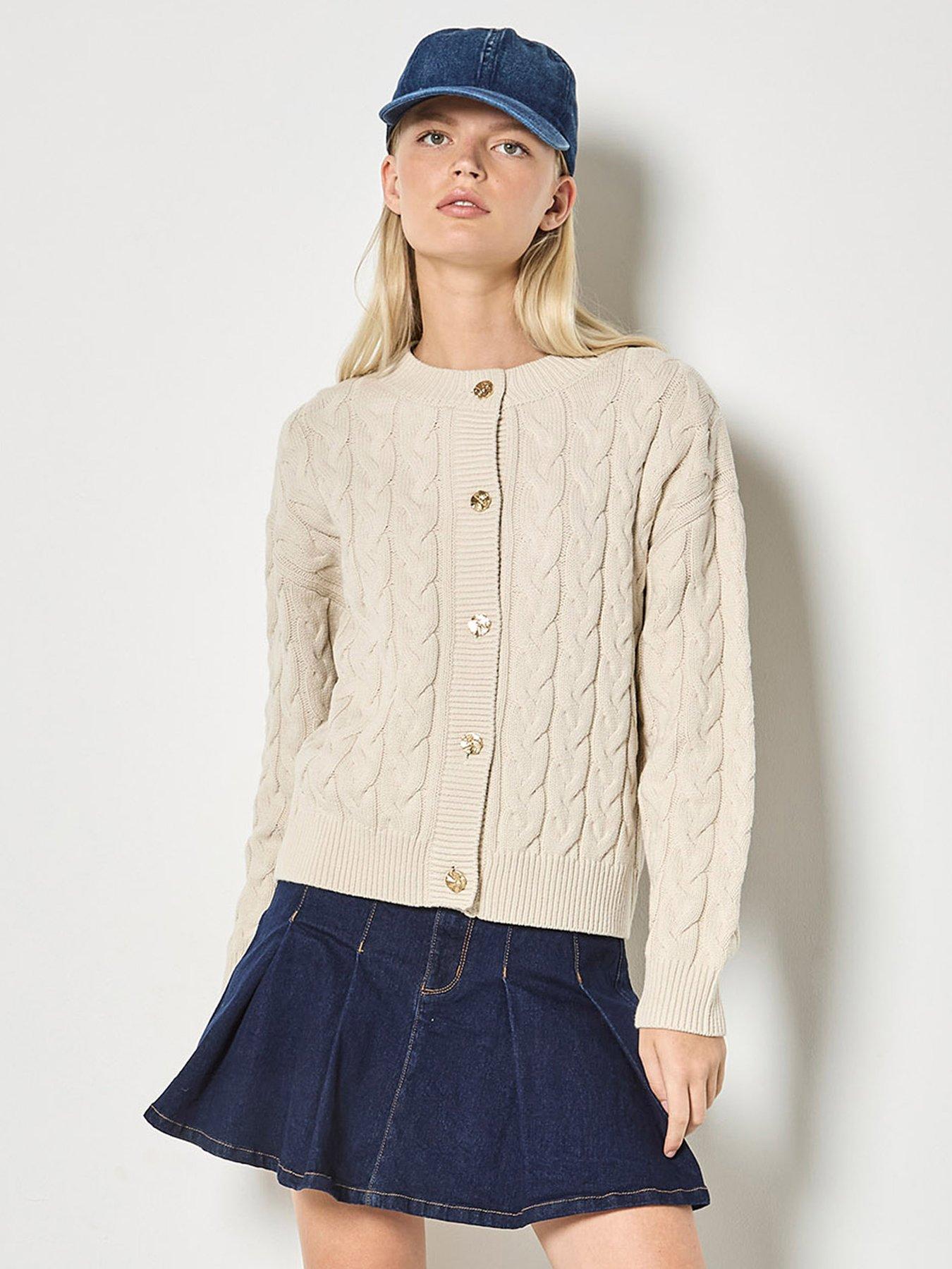 Apricot Metal Button Cable Knit Cardigan - Cream