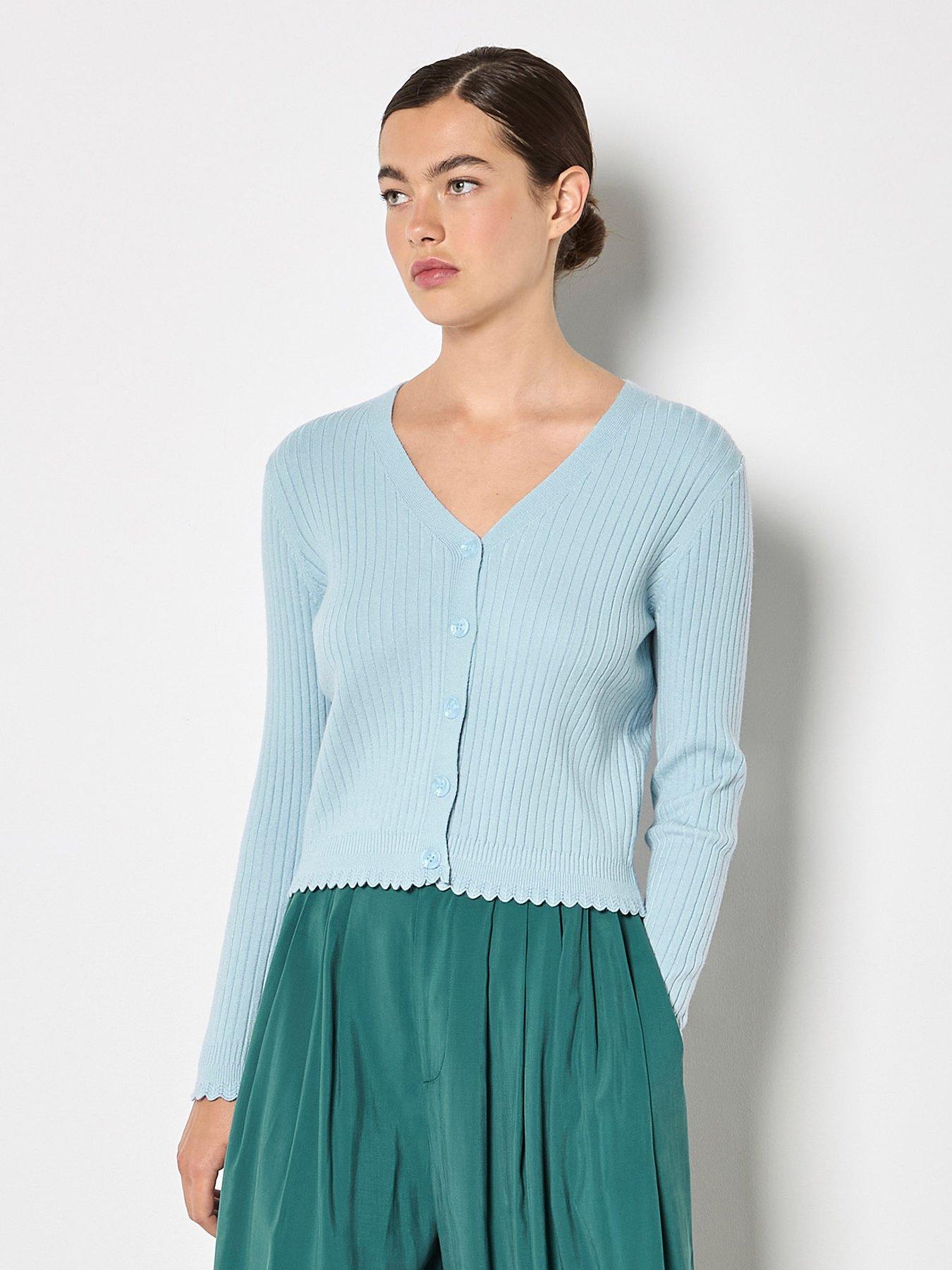 Image 1 of 4 of Apricot Ribbed Scallop Hem Cardigan - Blue
