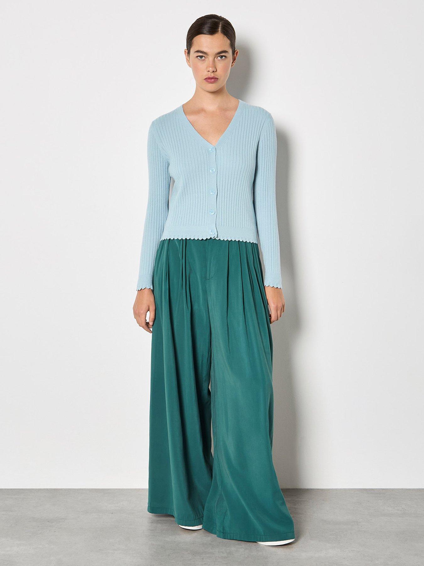 Image 3 of 4 of Apricot Ribbed Scallop Hem Cardigan - Blue