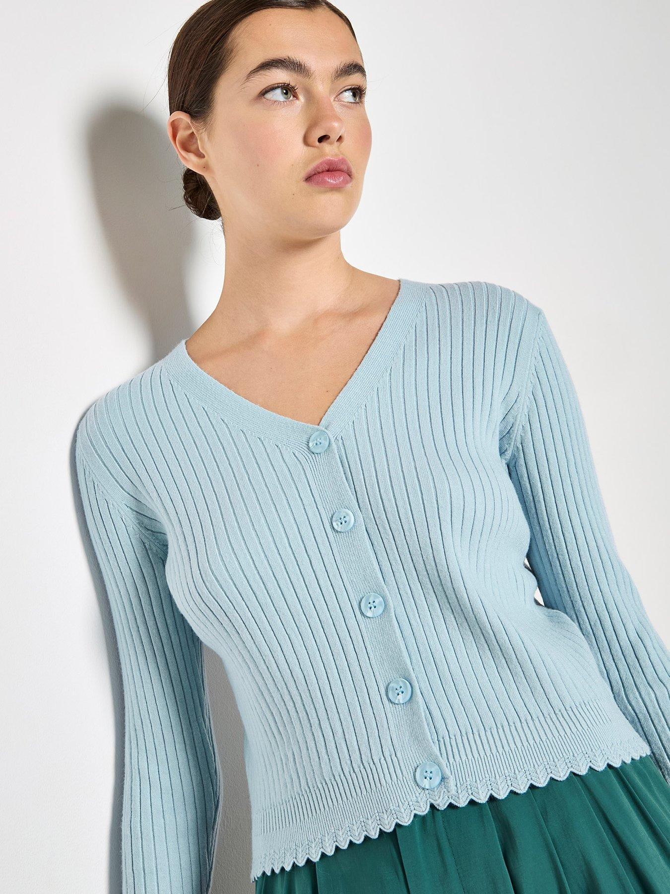 Image 4 of 4 of Apricot Ribbed Scallop Hem Cardigan - Blue