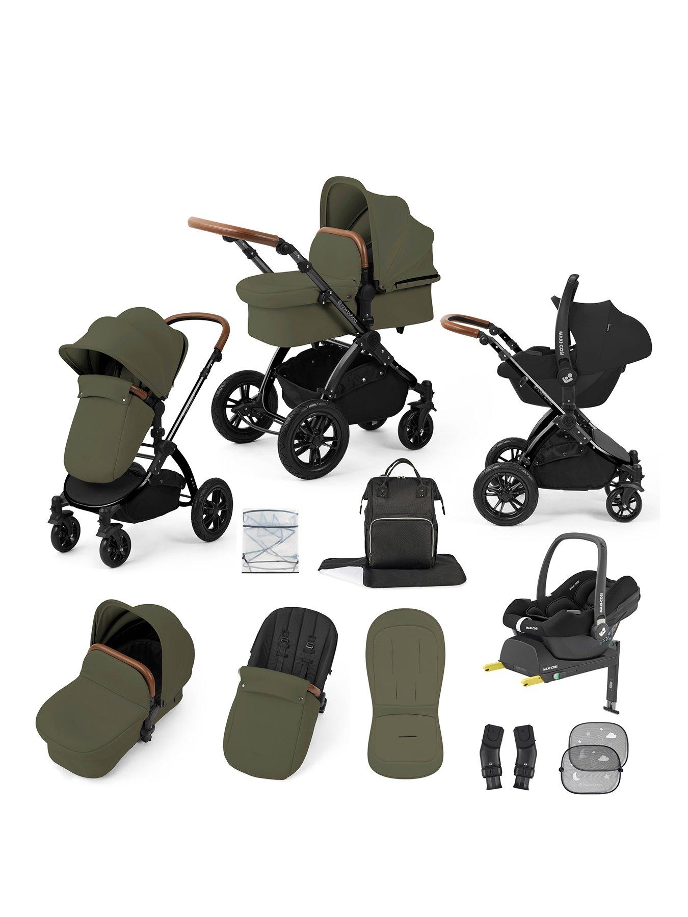 Ickle Bubba Stomp Luxe 12 Piece Travel System With Maxi Cosi Cabriofix I-Size Car Seat & Isofix Base - Black / Woodland / Tan