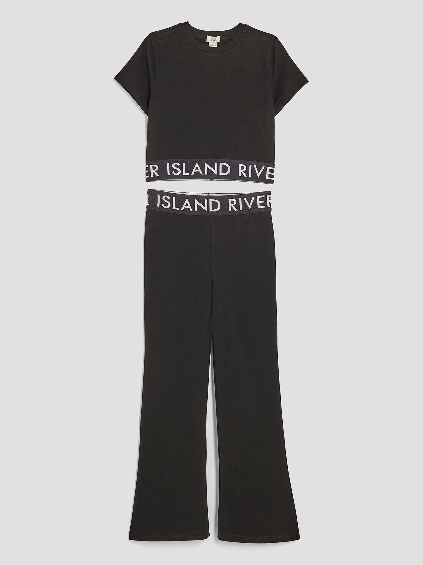 Image 1 of 4 of River Island Older Girls Waistband T-Shirt And Kickflare Leggings Set - Black