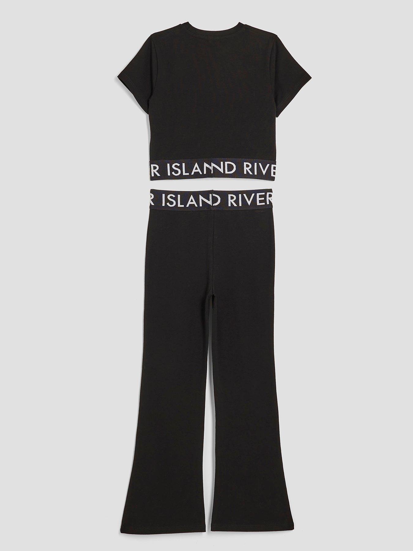 Image 2 of 4 of River Island Older Girls Waistband T-Shirt And Kickflare Leggings Set - Black