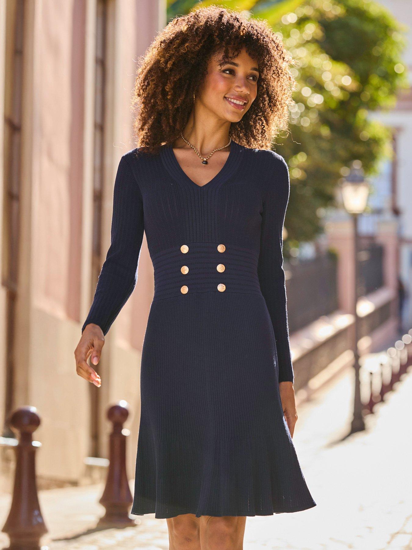 Sosandar Knitted Button Detail Fit  &  Flare Dress - Navy Blue
