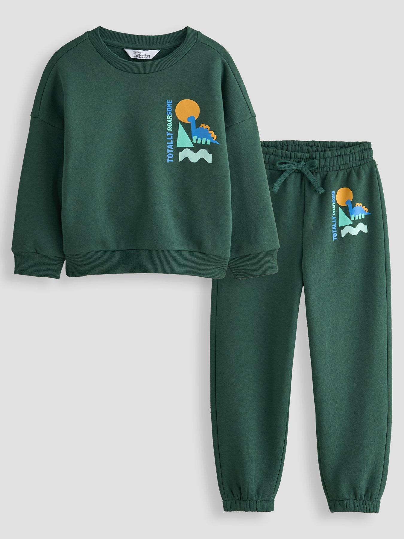 The Very Collection Boys Dinosaur Back Graphic Sweatshirt And Joggers Outfit Set - Green