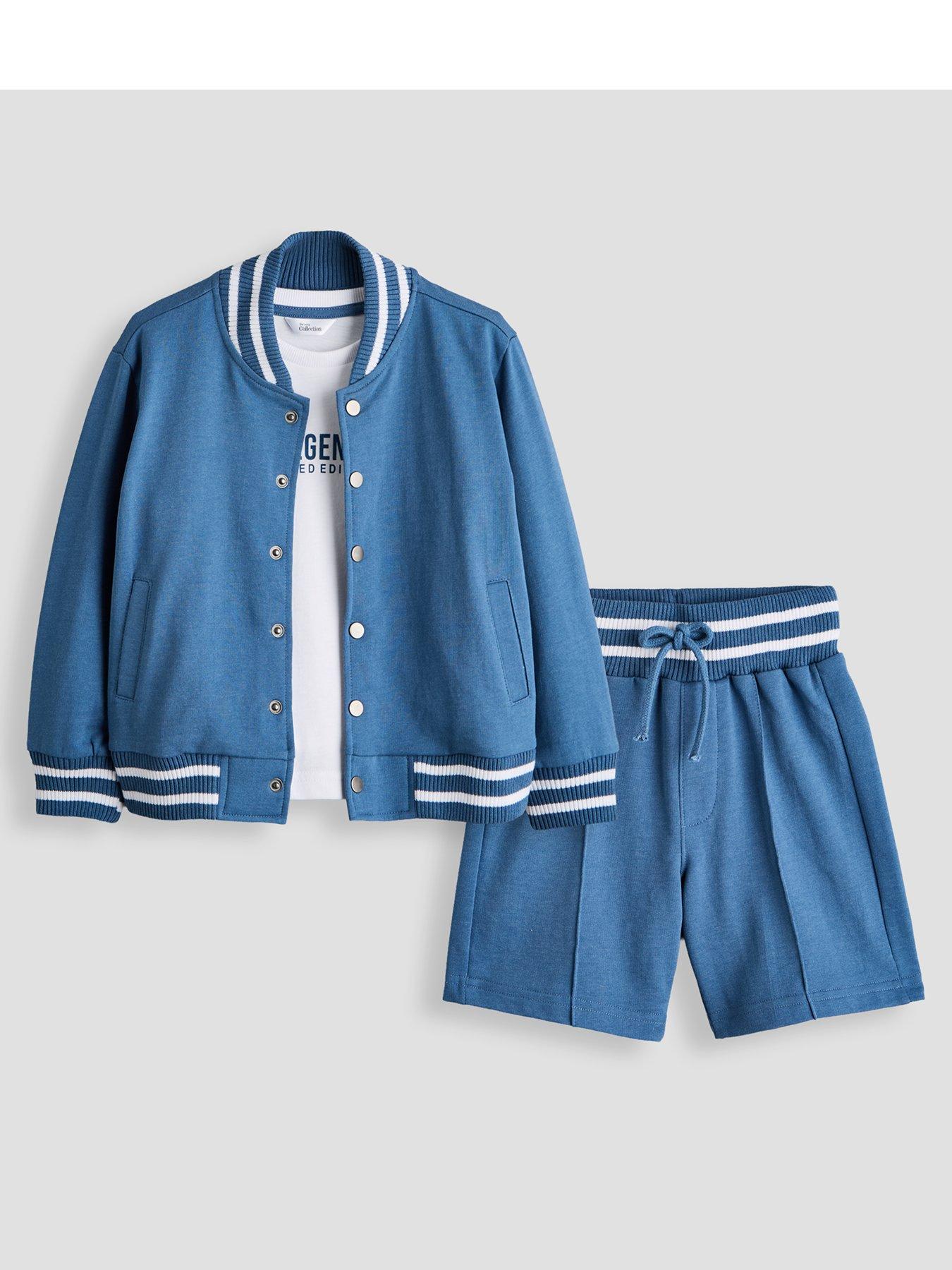 The Very Collection Boys 3 Piece Basic Jersey Bomber Tshirt And Shorts Set - Blue