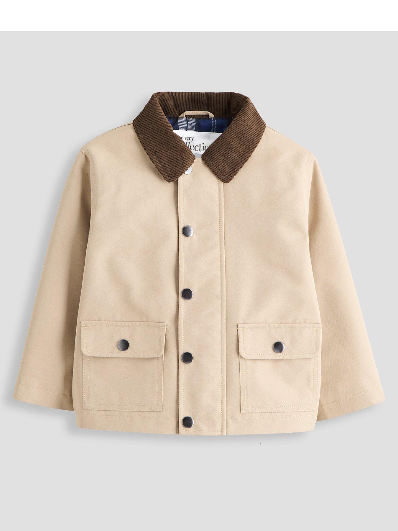 The Very Collection Boys' Check Lined Barn Jacket with Cord Collar - Stone