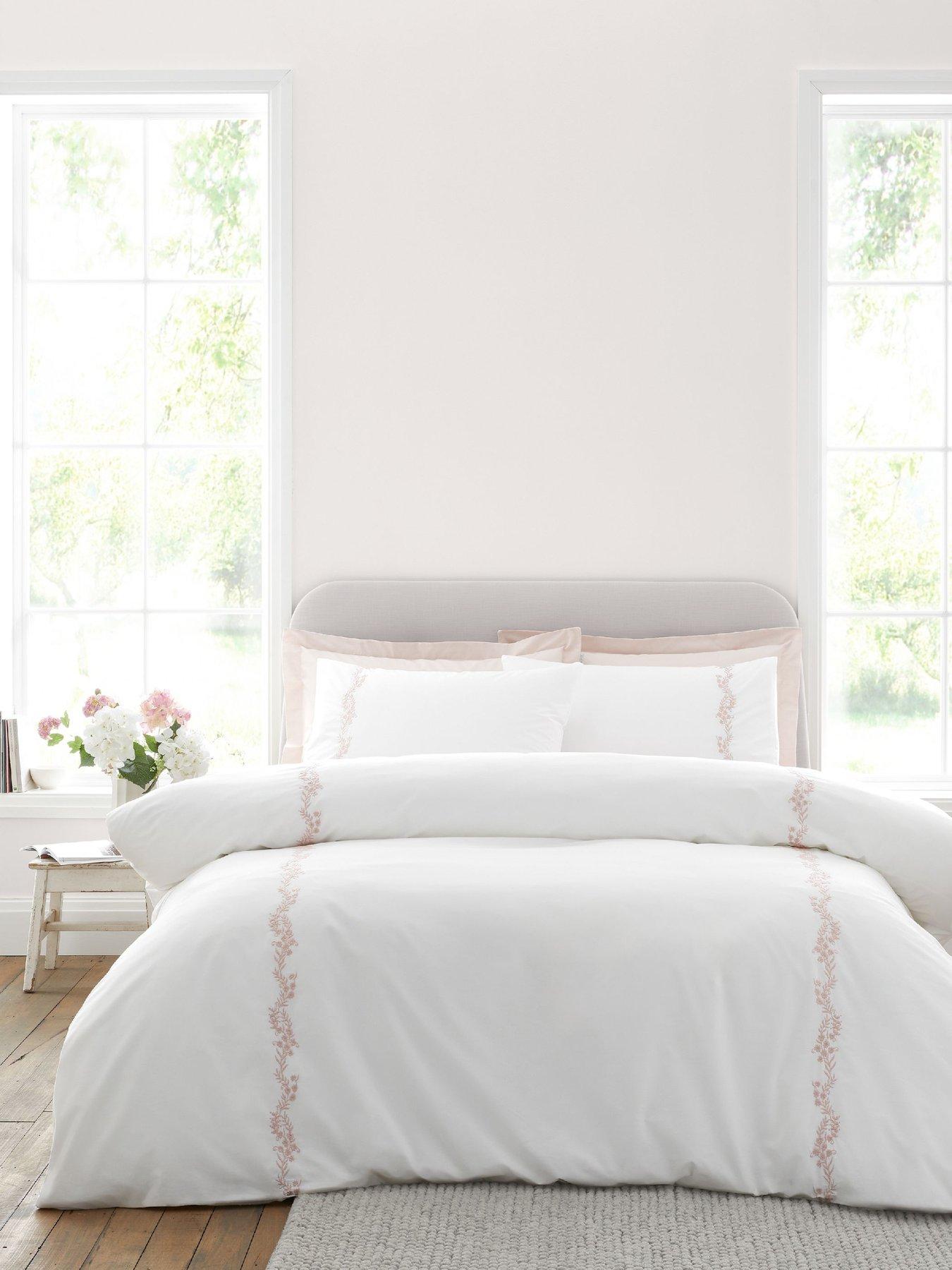 Bianca Camille Embroidered Floral 100% Cotton King Duvet Set White / Pink