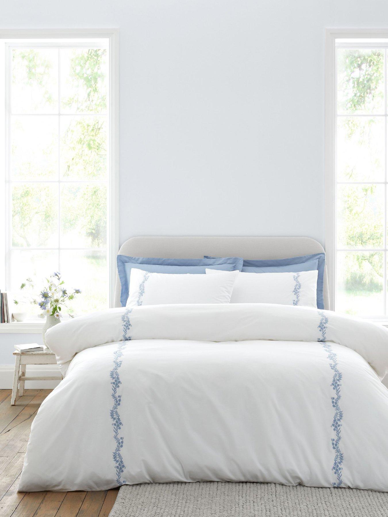 Bianca Camille Embroidered Floral 100% Cotton Single Duvet Set White / Blue