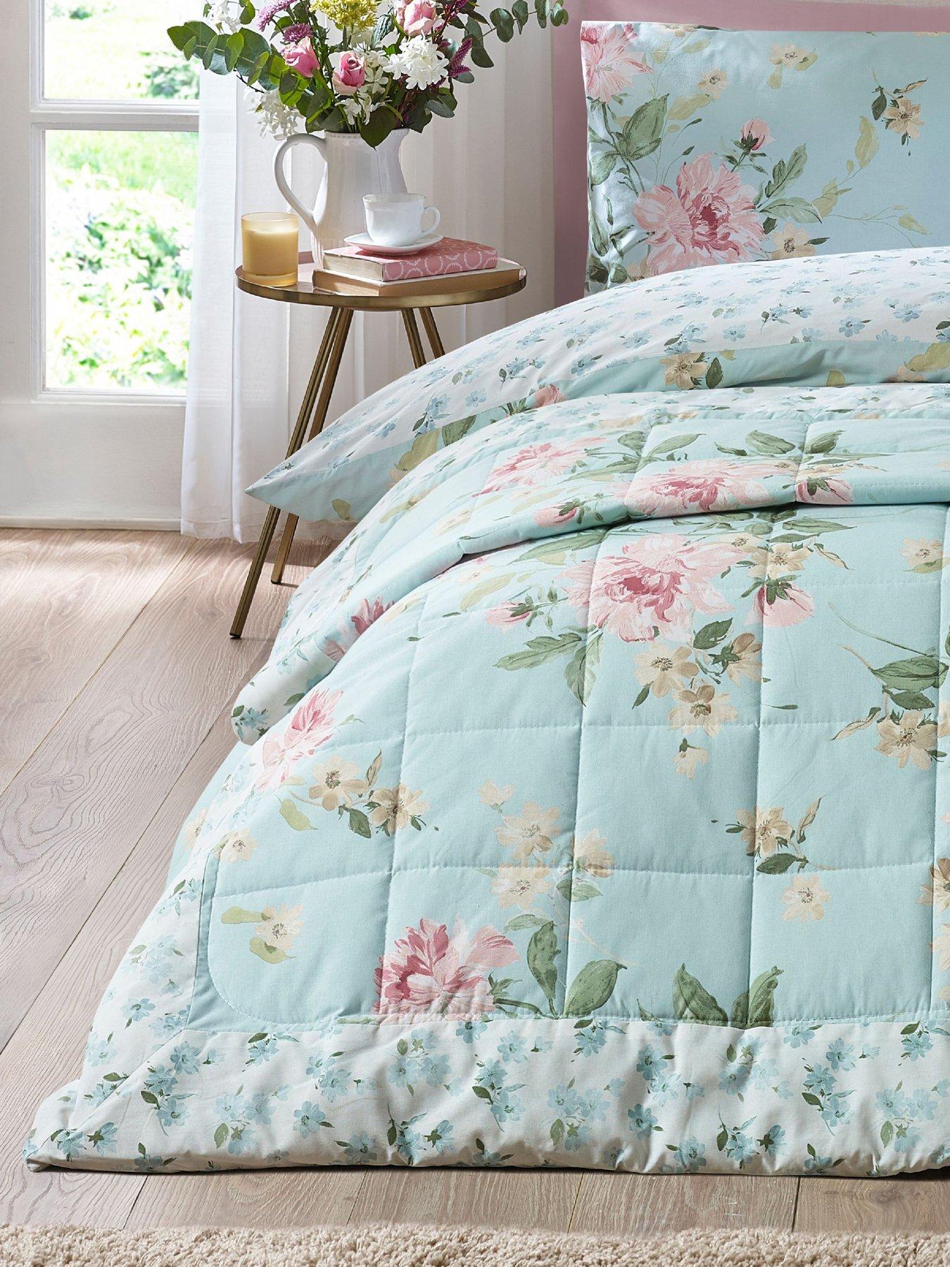 Catherine Lansfield Avebury Floral Bedspread 220x230 Duck Egg
