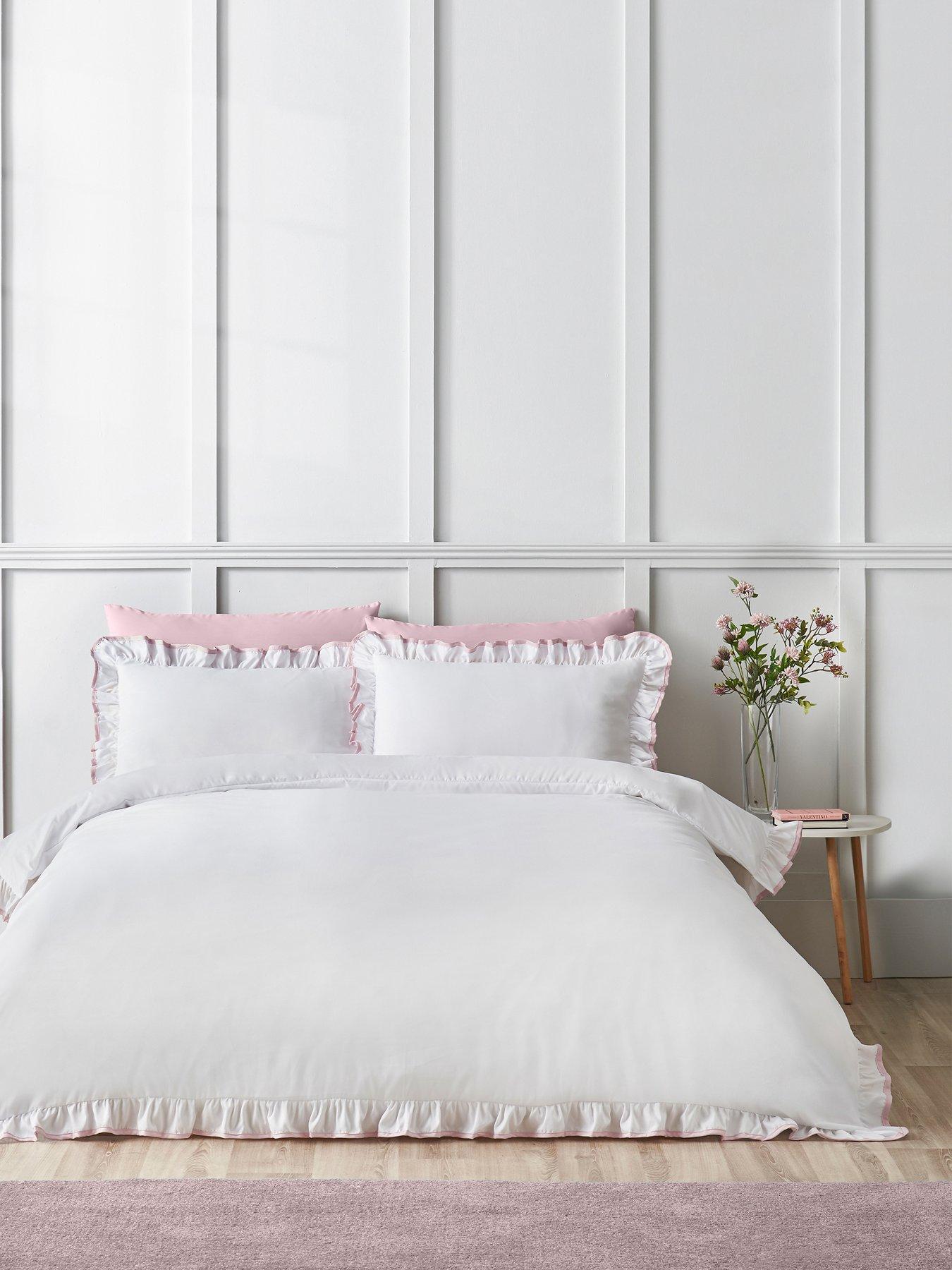 Image 1 of 4 of Catherine Lansfield So Soft Mono Frill Duvet Set White/Pink