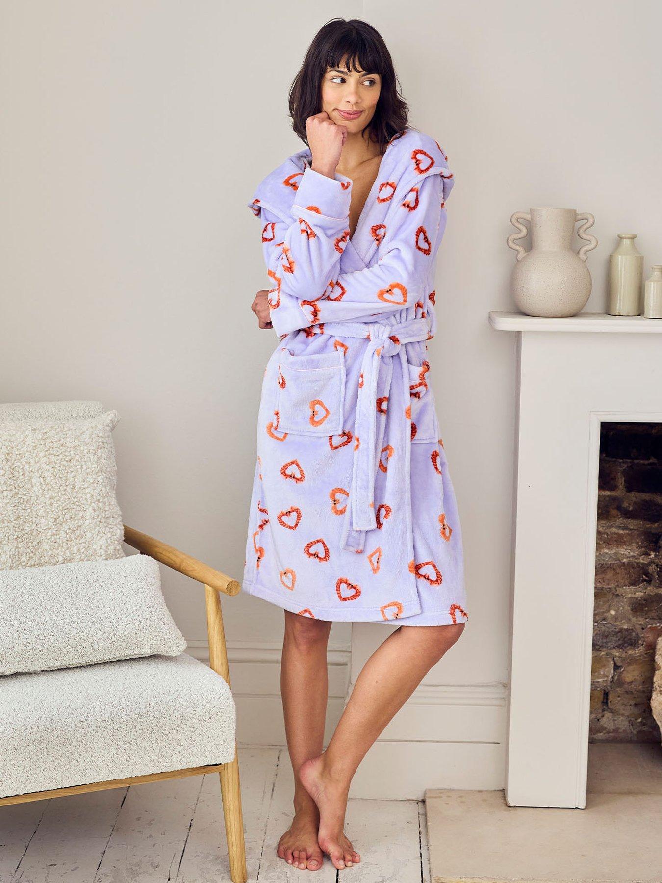 Image 1 of 5 of CHELSEA PEERS Fleece Shrimp Heart Print Dressing Gown - Lilac