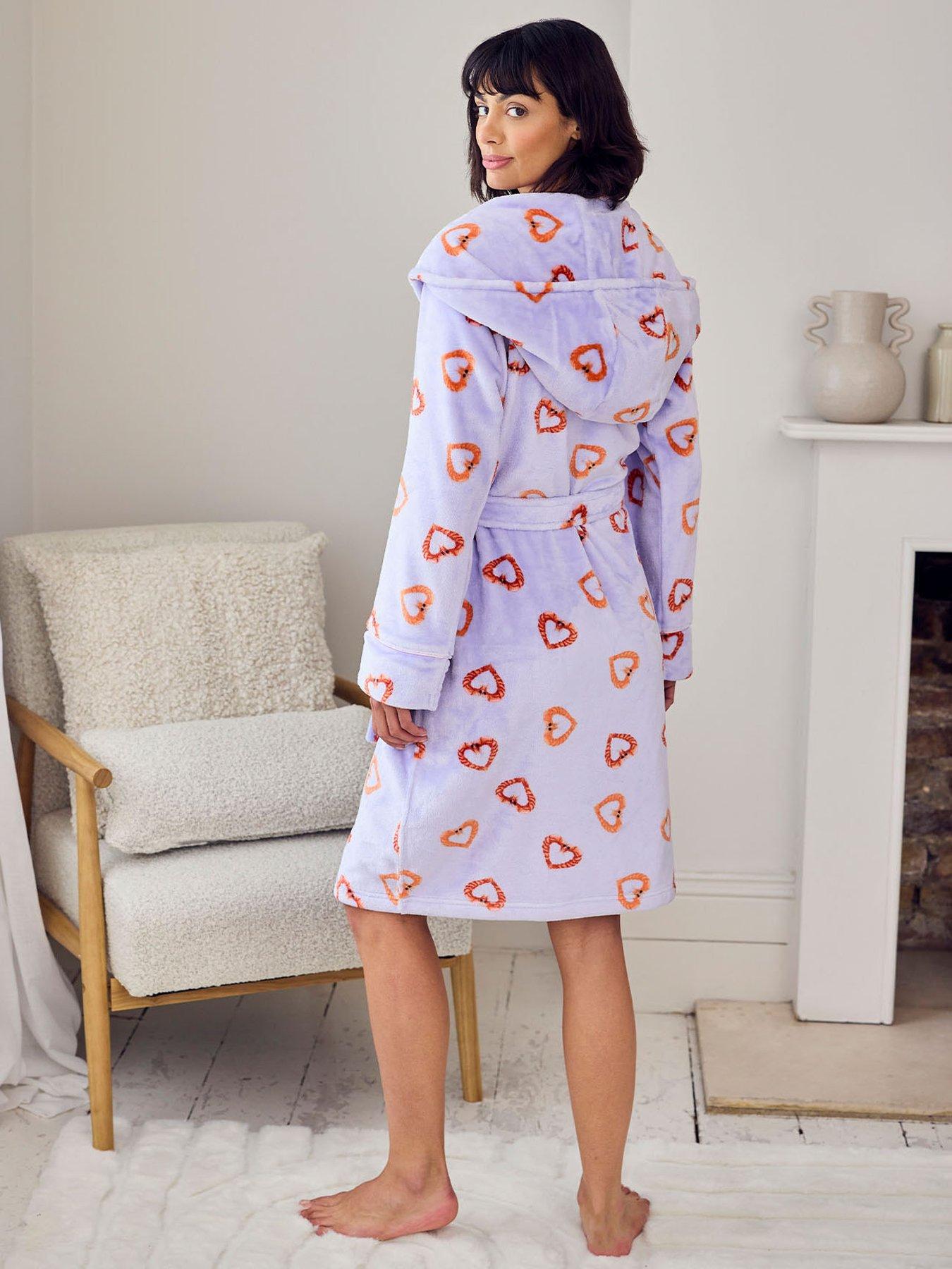 Image 2 of 5 of CHELSEA PEERS Fleece Shrimp Heart Print Dressing Gown - Lilac