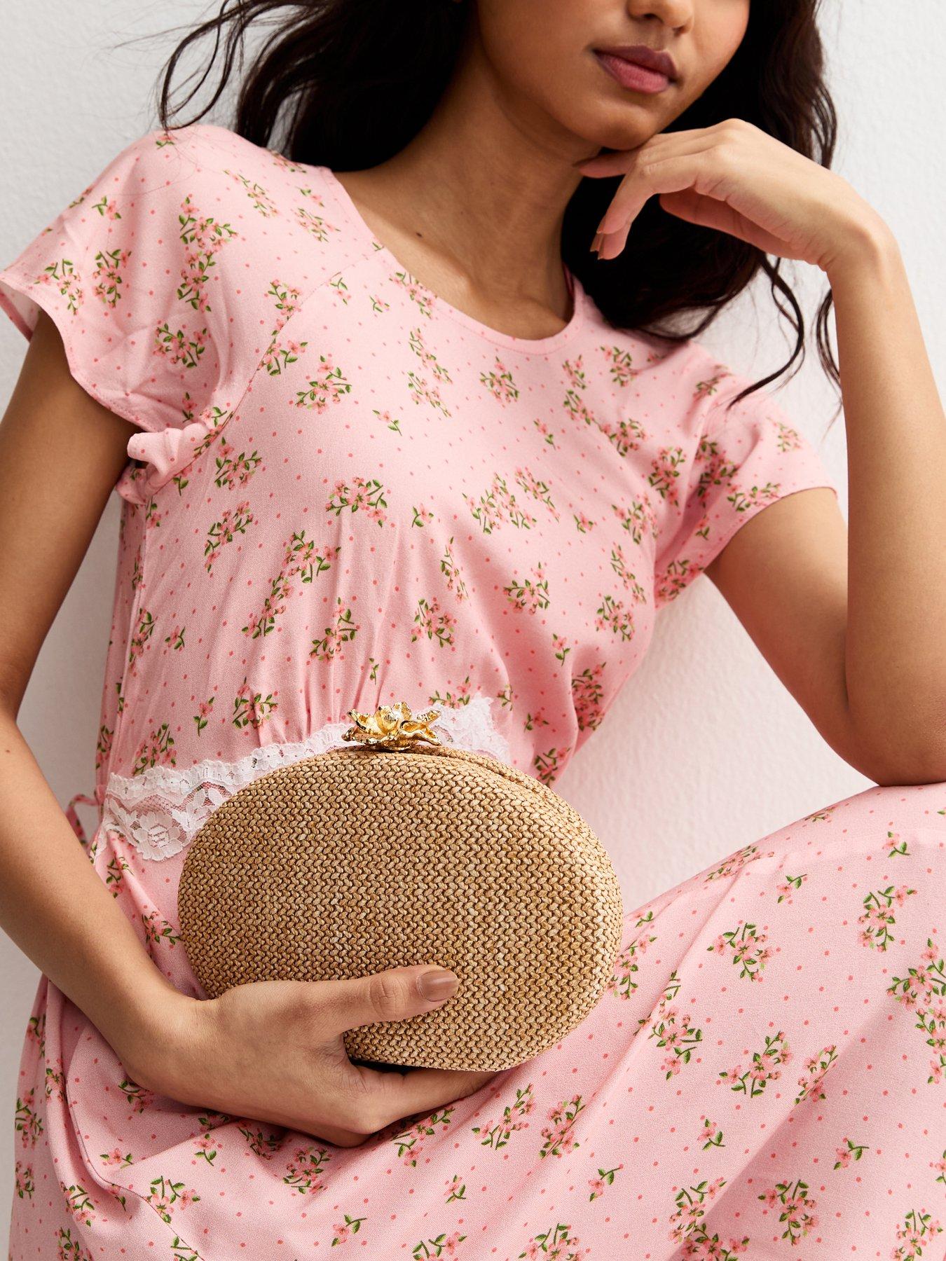 Image 1 of 4 of New Look Stone Raffia Flower Clasp Box Clutch - Stone