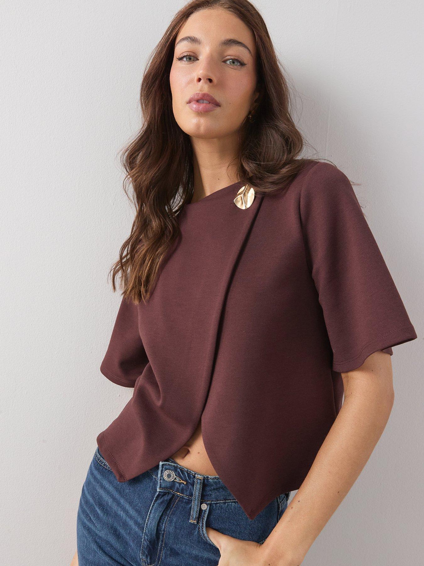  image of the-very-collection-button-wrap-short-sleeve-boxy-top-brown