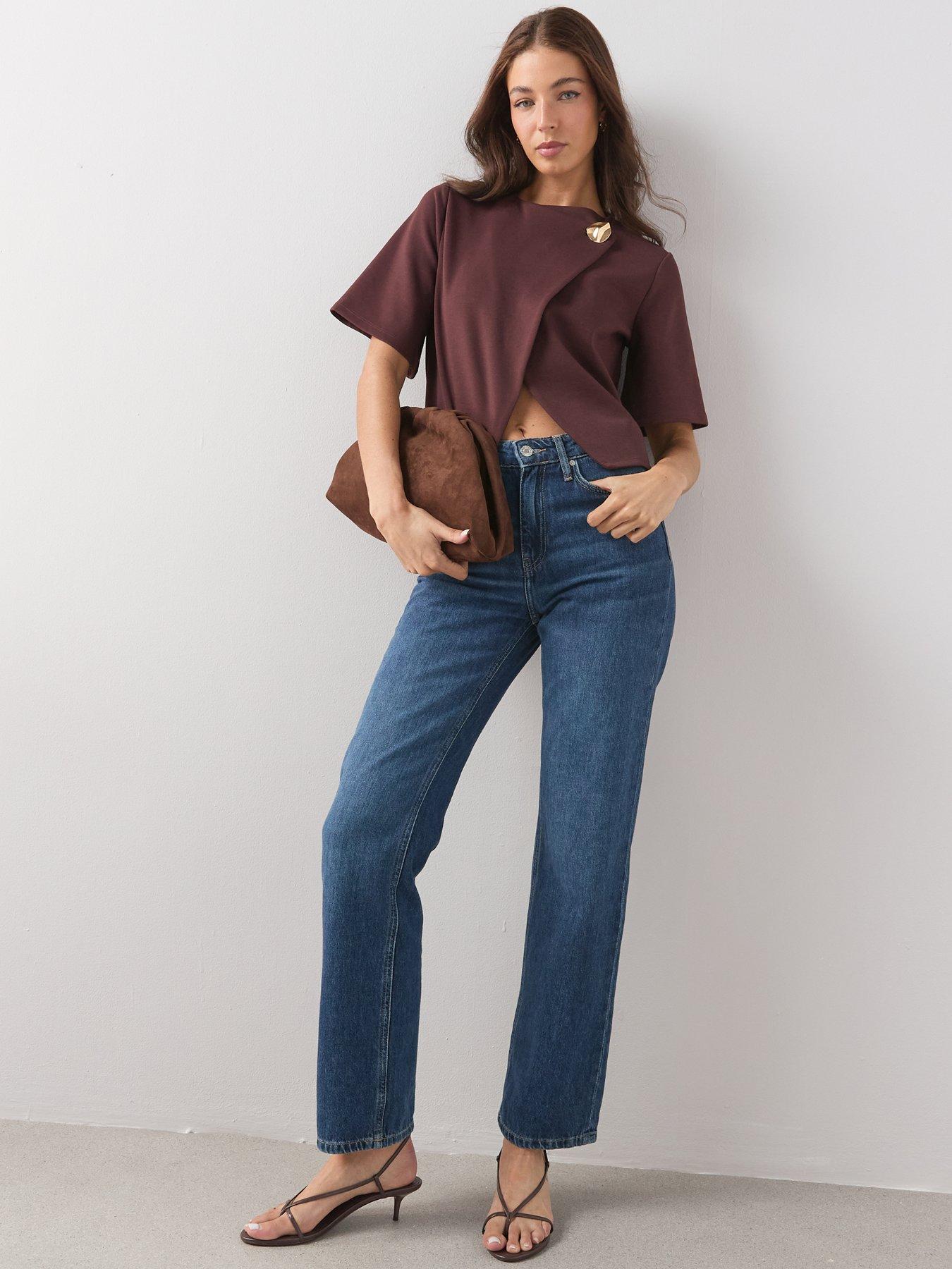  image of the-very-collection-button-wrap-short-sleeve-boxy-top-brown