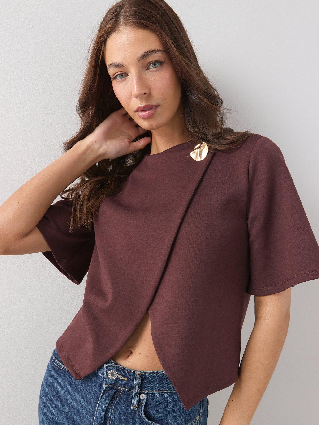  image of the-very-collection-button-wrap-short-sleeve-boxy-top-brown