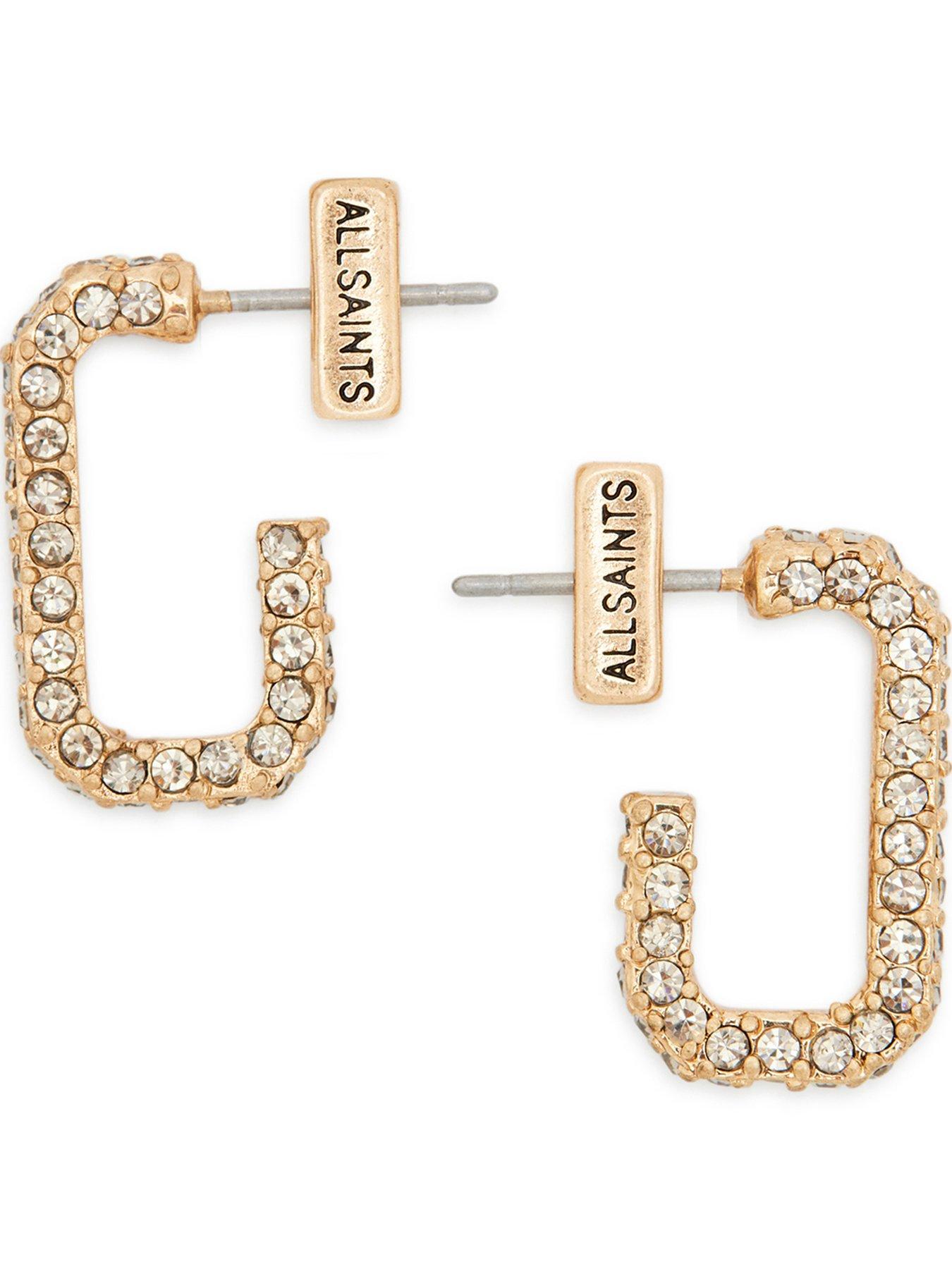 front image of allsaints-brass-pave-hex-rectangle-huggie-earrings-gold
