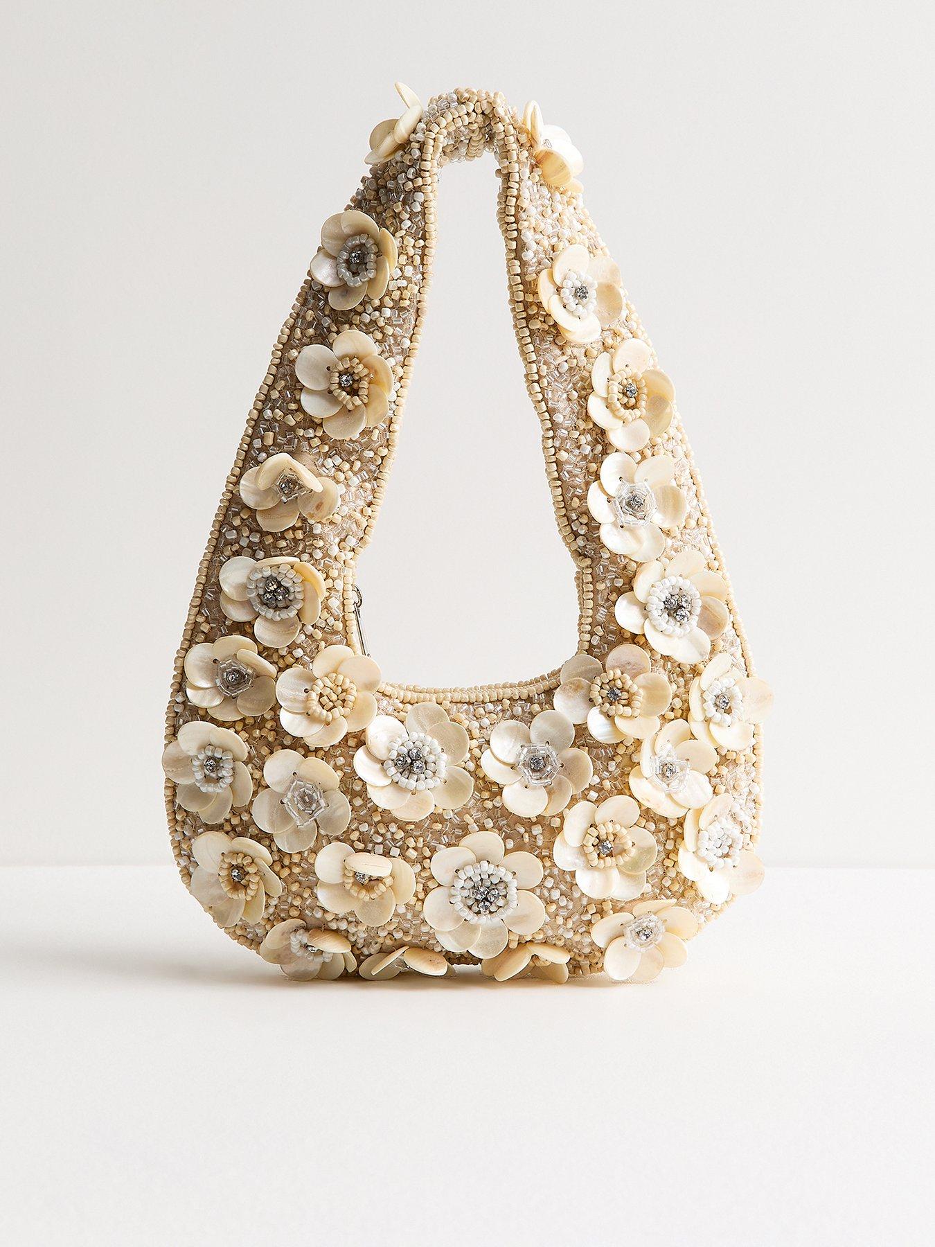 Image 1 of 5 of New Look Flower Shell Beaded Grab Bag - Cream