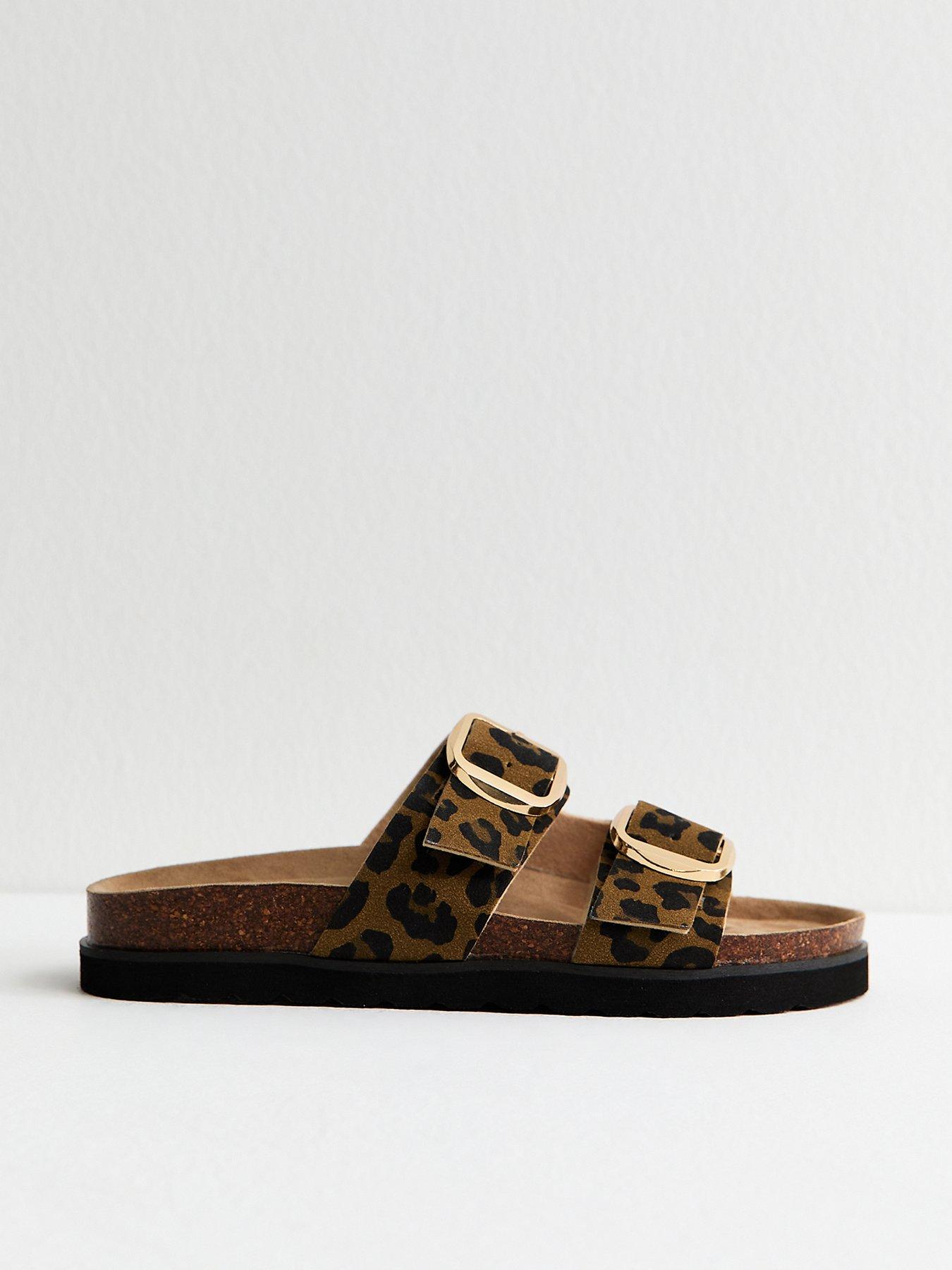 New Look Brown Animal Print Cork Sole Double Strap Mule Sandals