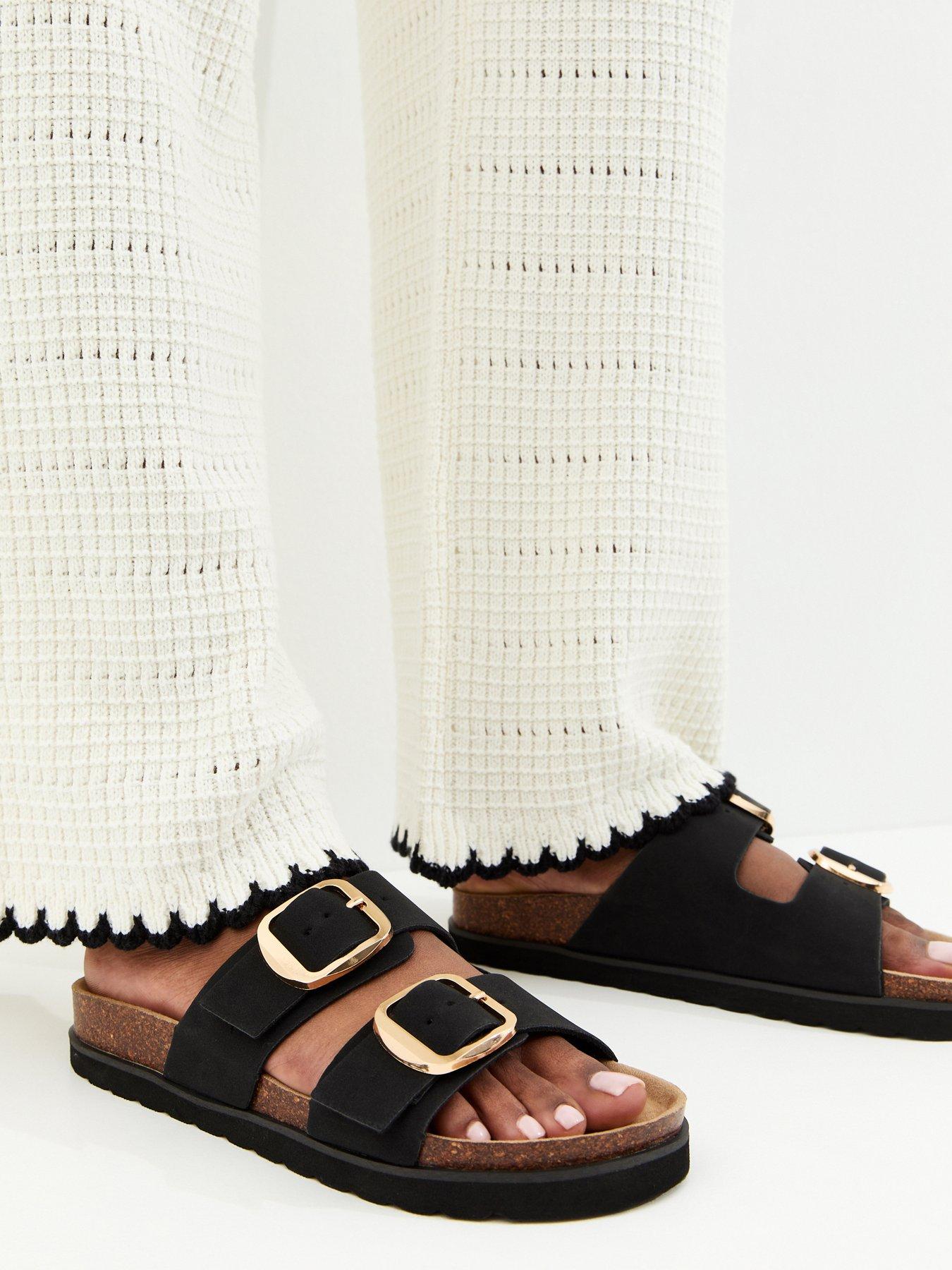 front image of new-look-cork-sole-double-strap-mule-sandals-black