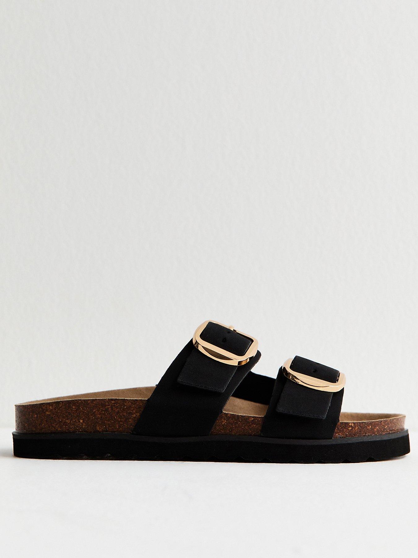  image of new-look-cork-sole-double-strap-mule-sandals-black