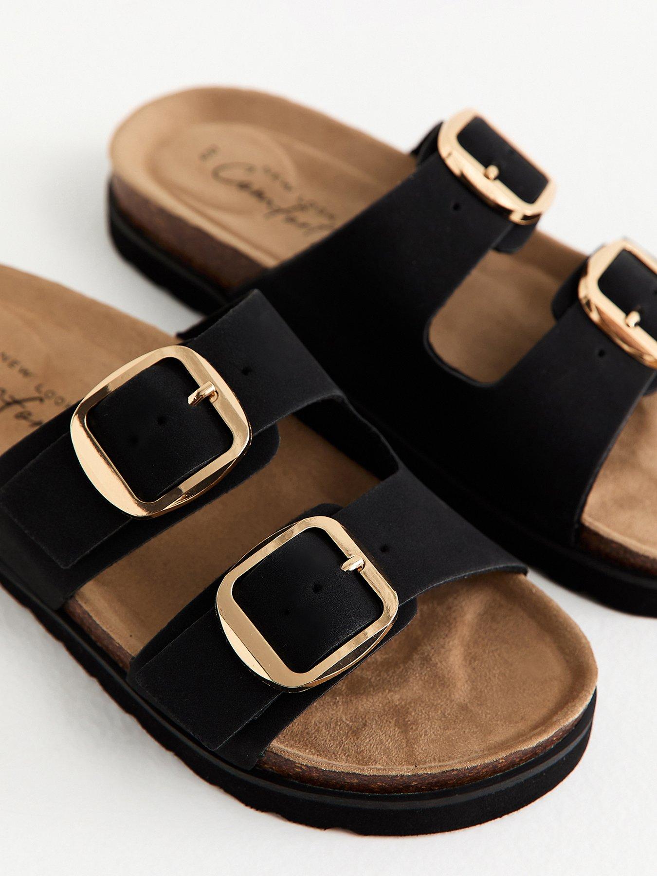  image of new-look-cork-sole-double-strap-mule-sandals-black