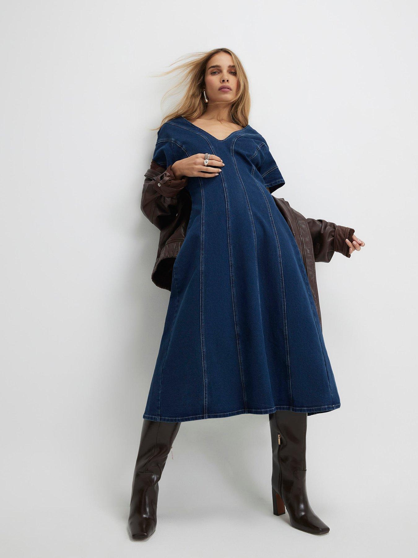 River Island Denim Seamed Midi Dress- Blue