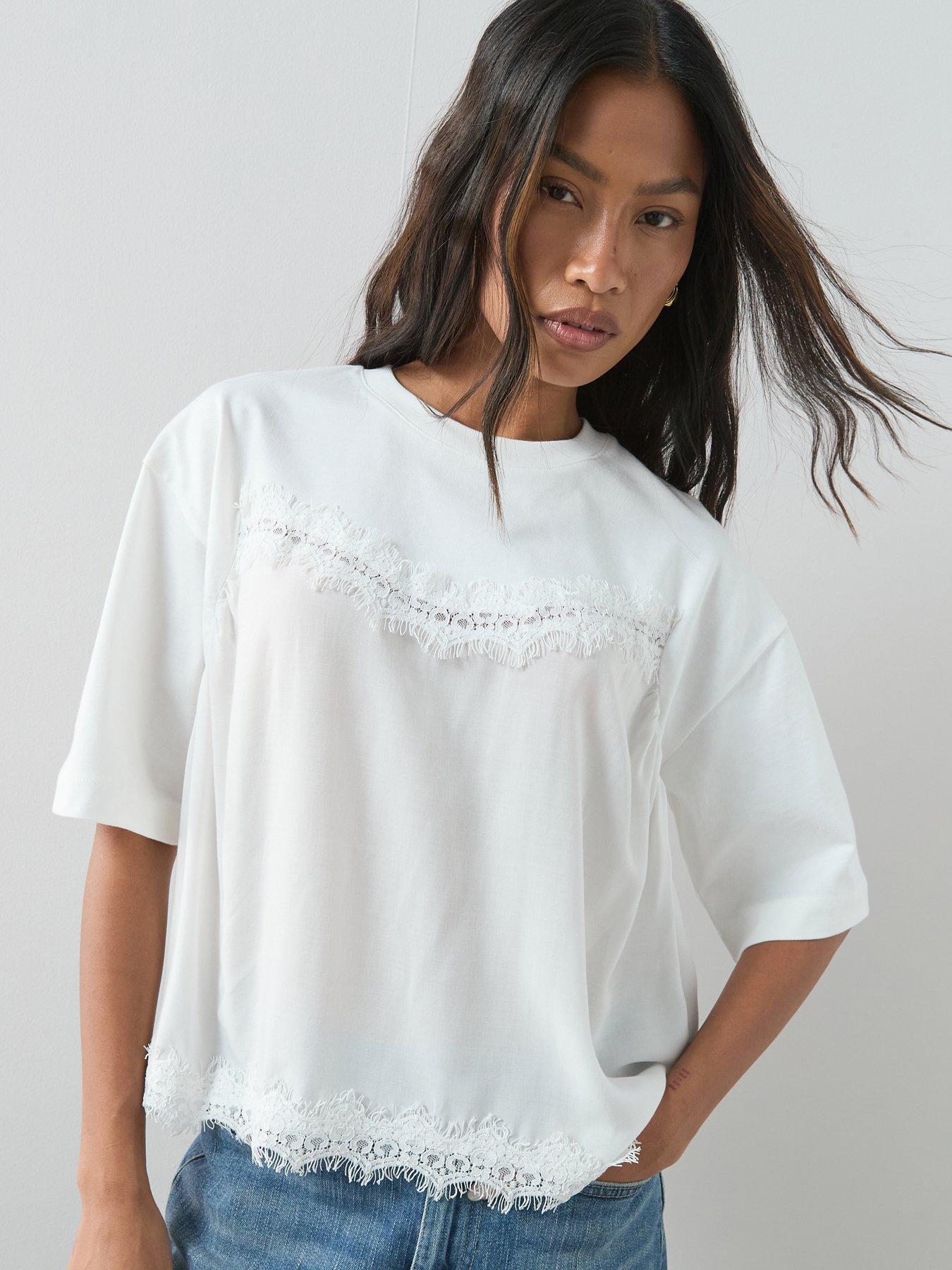 The Very Collection Woven Mix Lace Trim T-Shirt - Ecru
