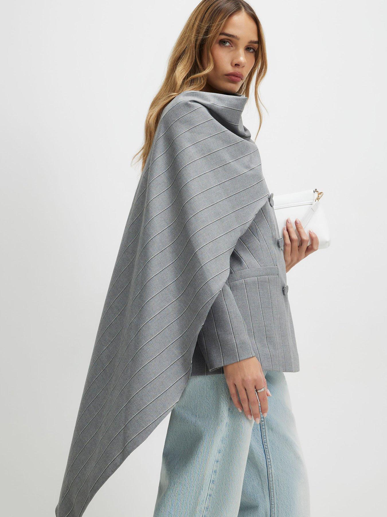  image of river-island-long-sleeve-stripe-db-cape-blazer-grey