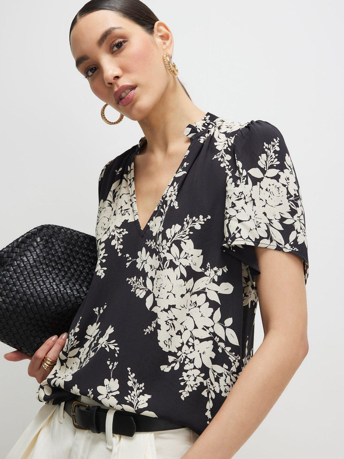 River Island Floral Short Sleeve Top - Black