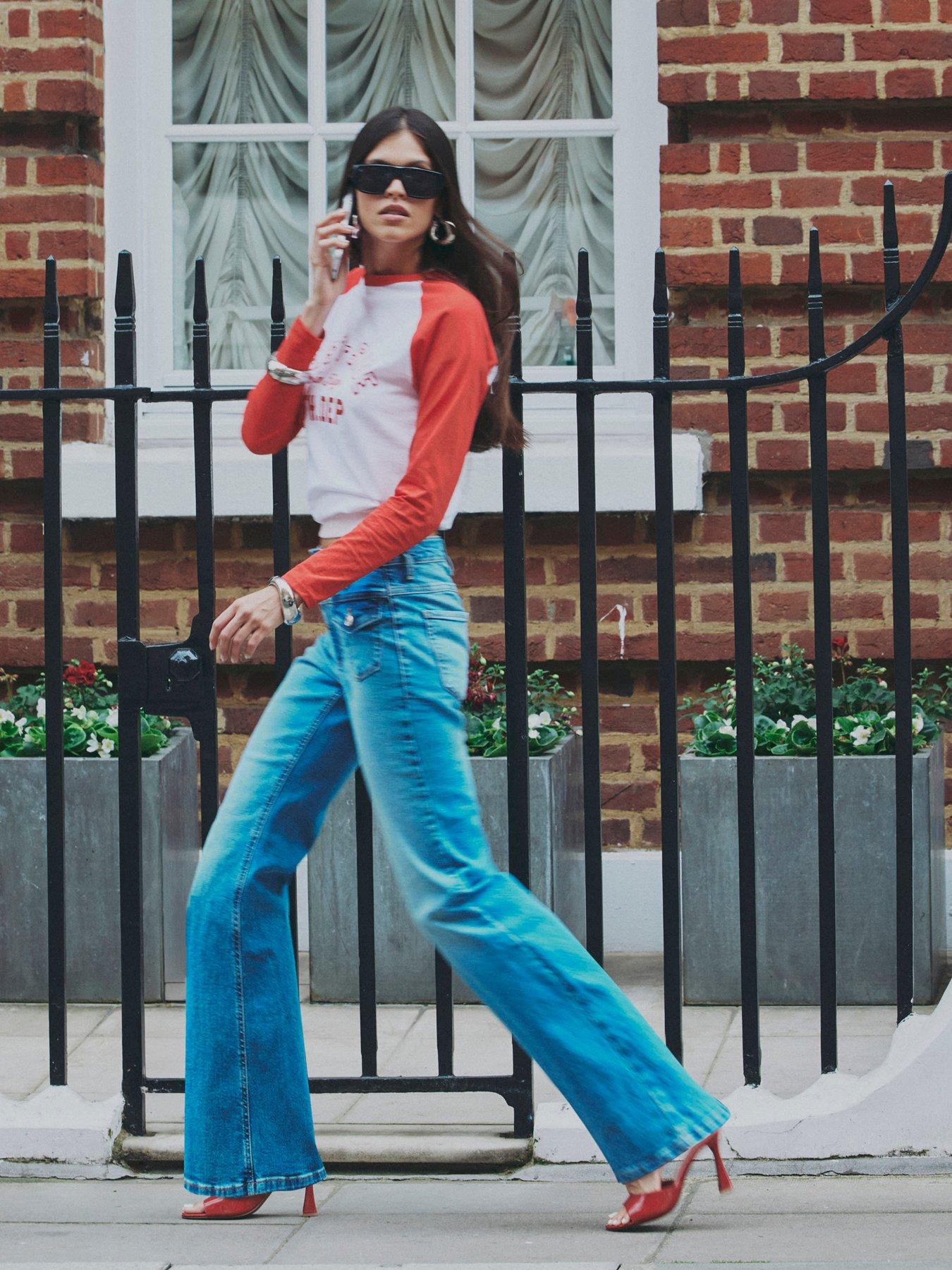 River Island High Waisted Relaxed Flare Jeans - Blue