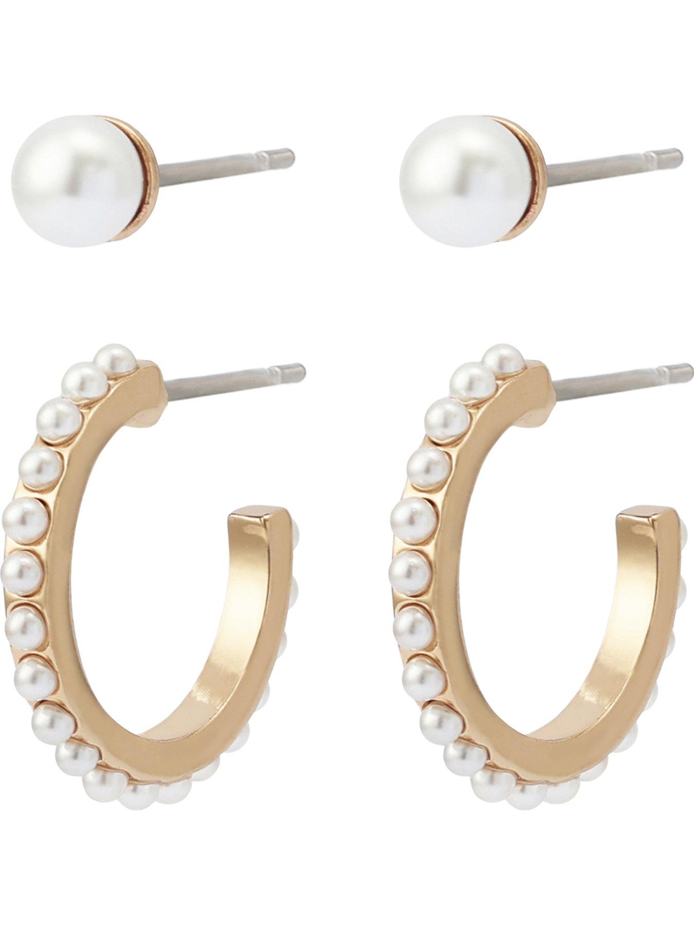 image of allsaints-pearl-stud-huggie-earrings-set-gold